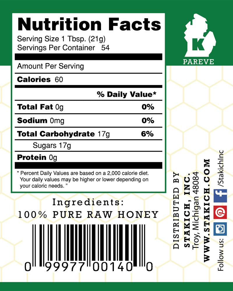 Stakich Raw Honey - Pure, Unprocessed, Kosher - 40 Ounce (2.5 Pound)
