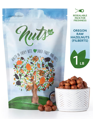 NUTS U.S. Oregon Hazelnuts - Raw, Unsalted, Jumbo Size, Non-GMO, 1 LB, Resealable Bag