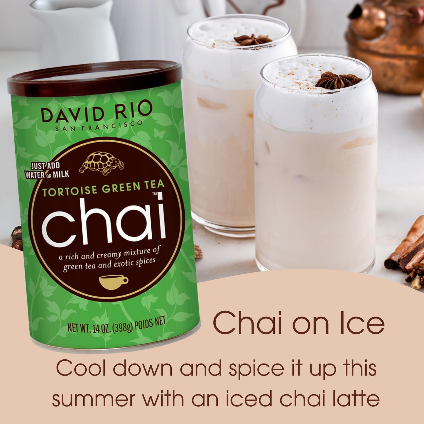 Tortoise Green Tea Chai Tea Latte Mix, 14 Oz, Green Tea, Organic Spices, Dairy Free, Serve Hot Or Cold, Just Add Water Or Milk,