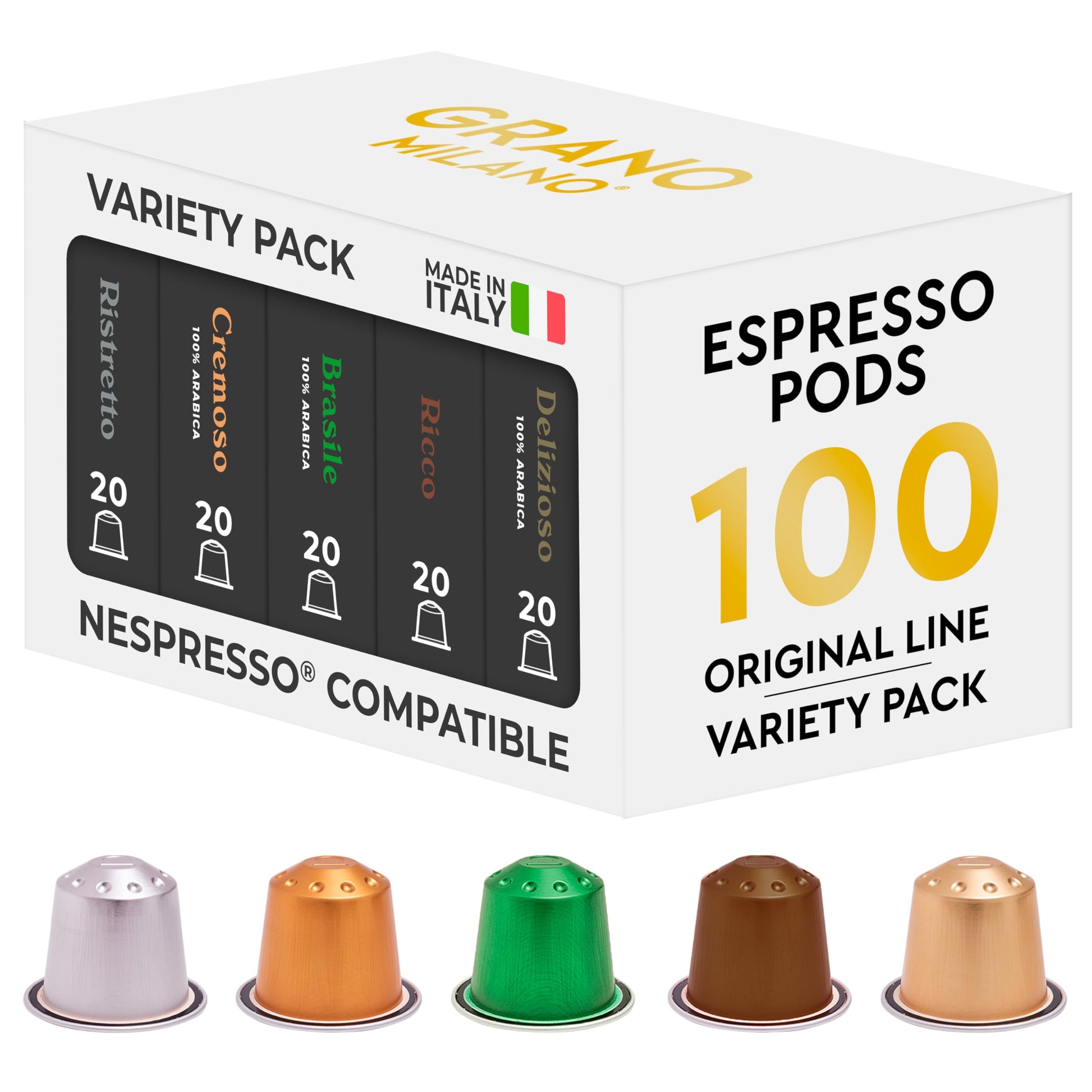 Grano Milano Variety Pack Coffee Capsules - 100 Aluminum Coffee Pods Compatible With Nespresso Original Line  Medium And Dark Roast  Made In Italy