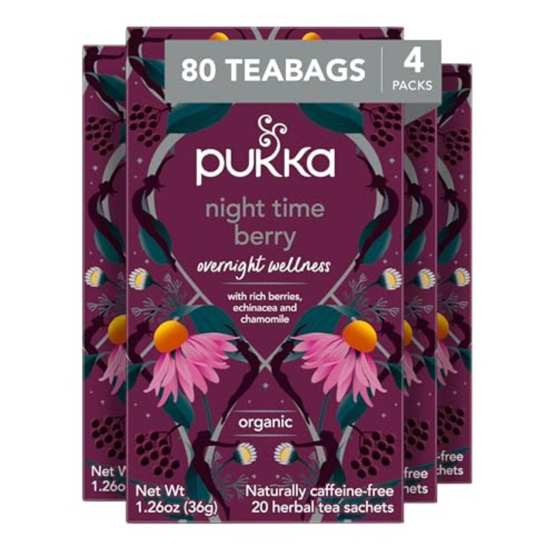 Pukka Night Time Berry Herbal Tea Gift Set, Soothing Infusion with Chamomile & Lavender, 80 Tea Bags (Pack of 4)