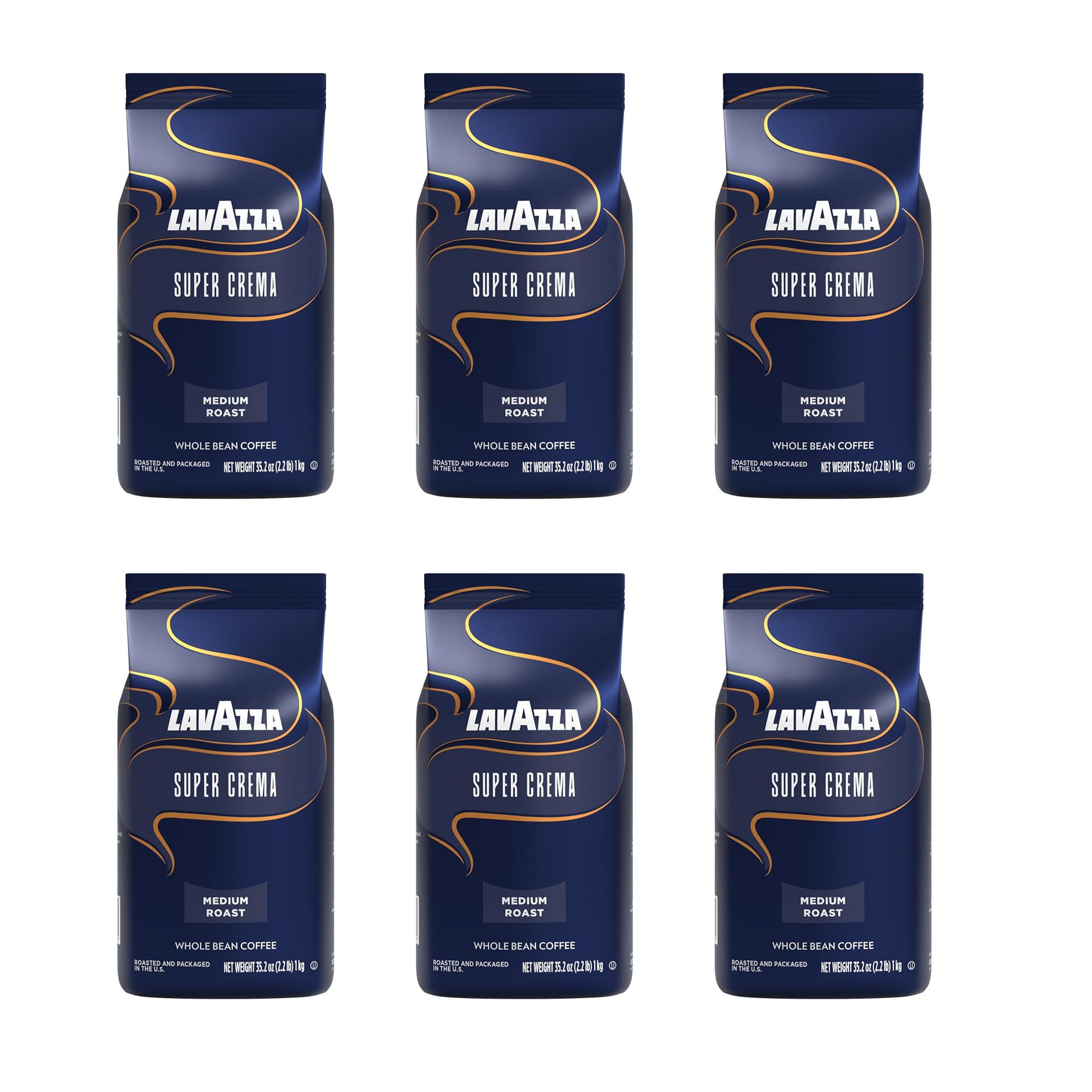 Lavazza Super Crema Whole Bean Coffee, Medium Espresso Roast, Arabica and Robusta Blend, 2.2 lb Bag (Pack of 6)
