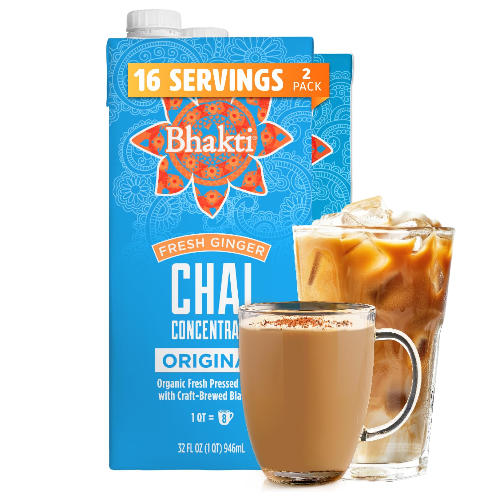 Bhakti Chai Tea Concentrate | Original, Organic Fresh Ginger, Black Tea, Sweetened, Spiced, Dairy-Free, Vegan (Pack of 2)