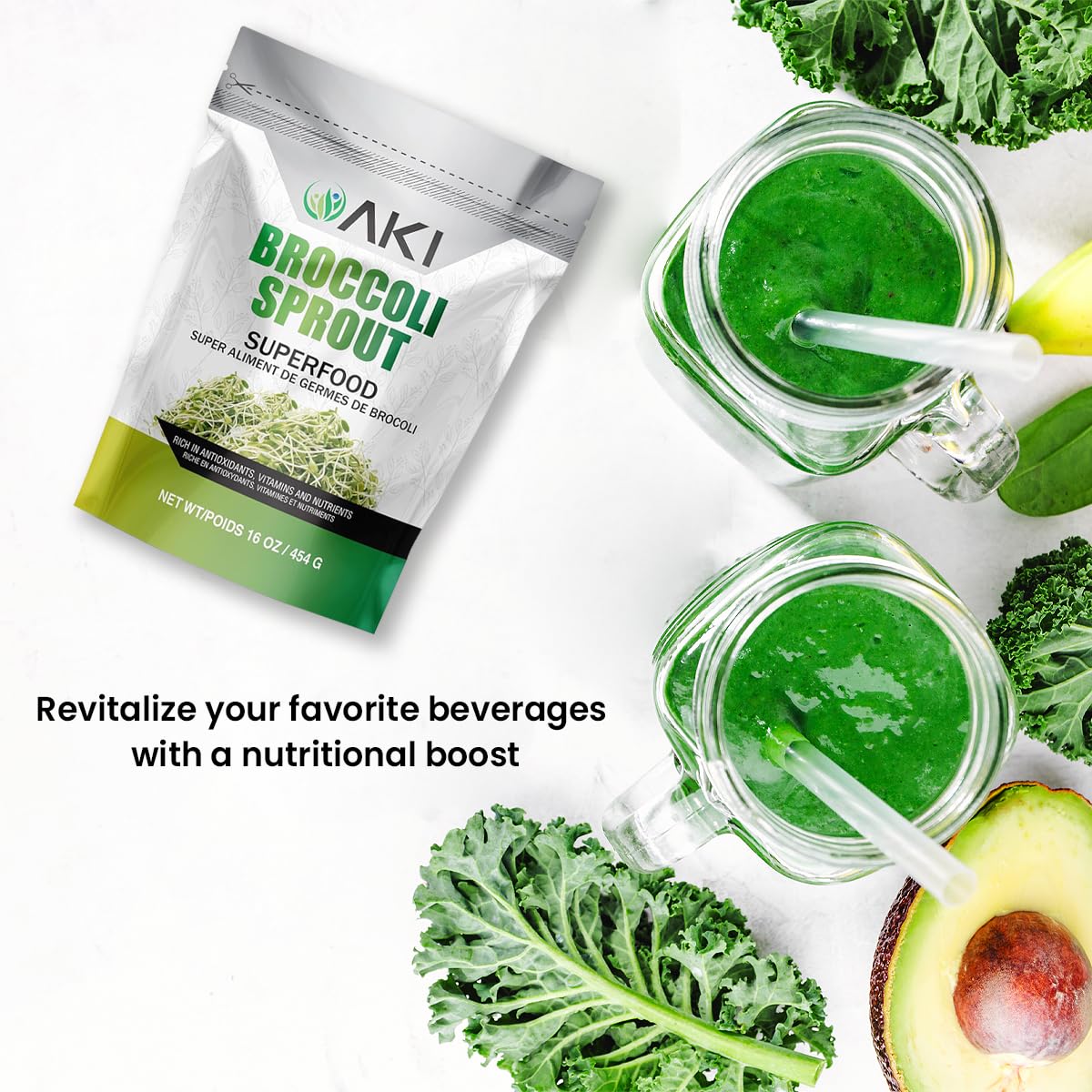 AKI ORGANIC Broccoli Sprout Powder - Non-GMO Superfood for Smoothies - 16 oz