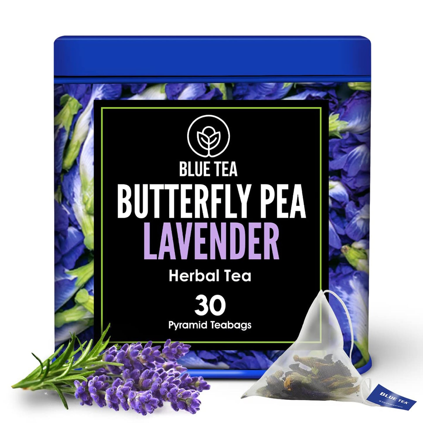 BLUE TEA Butterfly Pea Flower Lavender Tea - 30 Pyramid Bags, Caffeine Free, Gluten Free, Premium Tin Pack, Blue