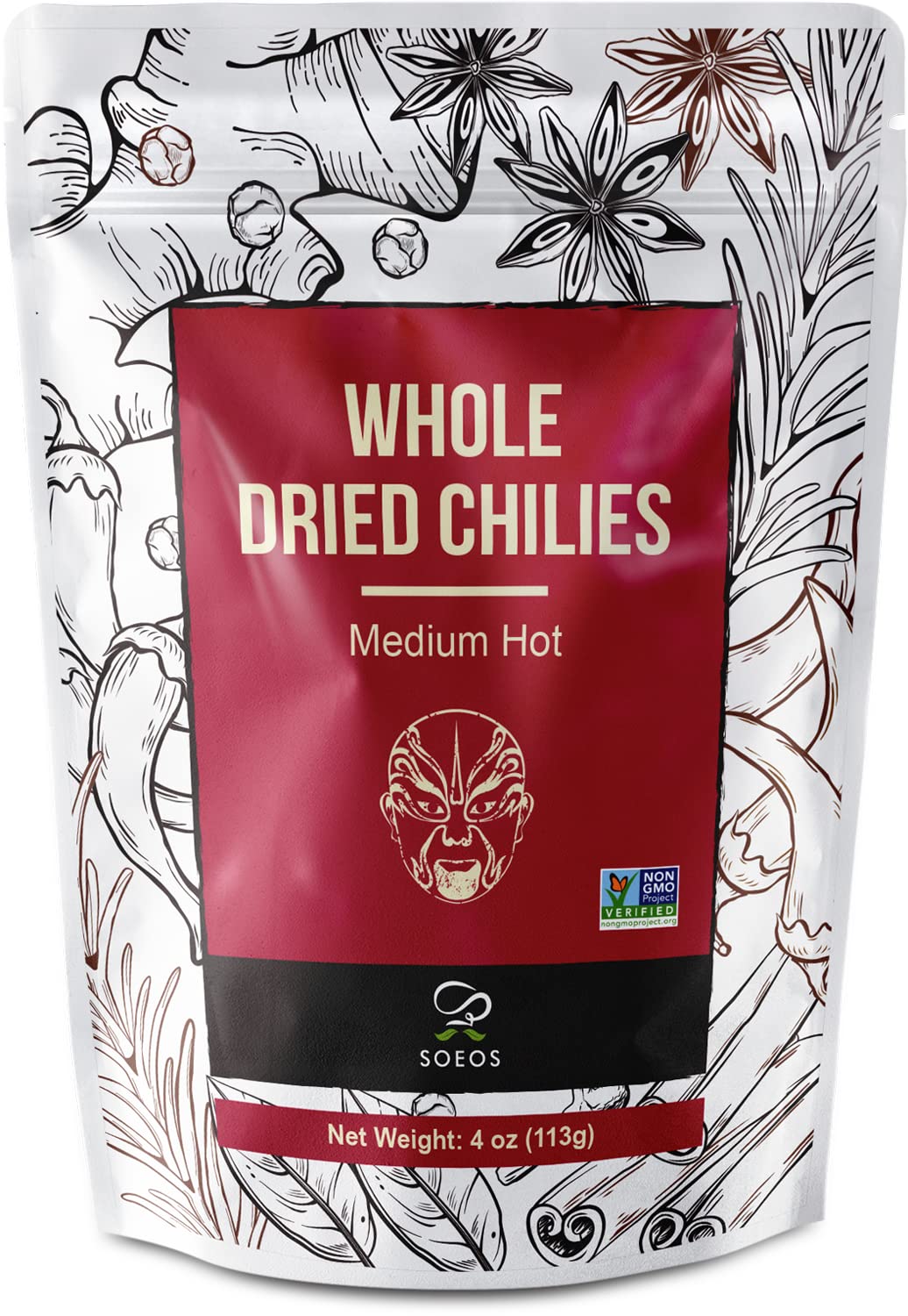 Soeos Whole Dried Chili 4Oz, Medium Spicy, Natural And Premium, Great For Mexican Recipes, Dry Szechuan Pepper, Dry Chile Peppers, Sichuan Pepper, Dried Red Chilie, Whole Dried Chili Peppers.