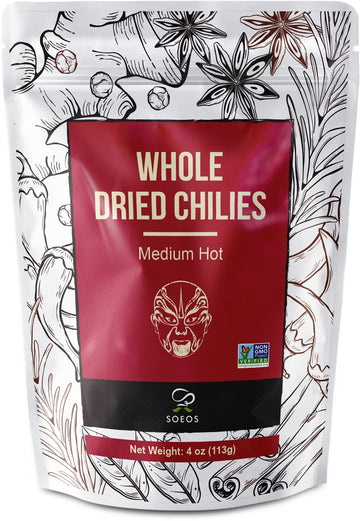 Soeos Whole Dried Chili 4Oz, Medium Spicy, Natural And Premium, Great For Mexican Recipes, Dry Szechuan Pepper, Dry Chile Peppers, Sichuan Pepper, Dried Red Chilie, Whole Dried Chili Peppers.