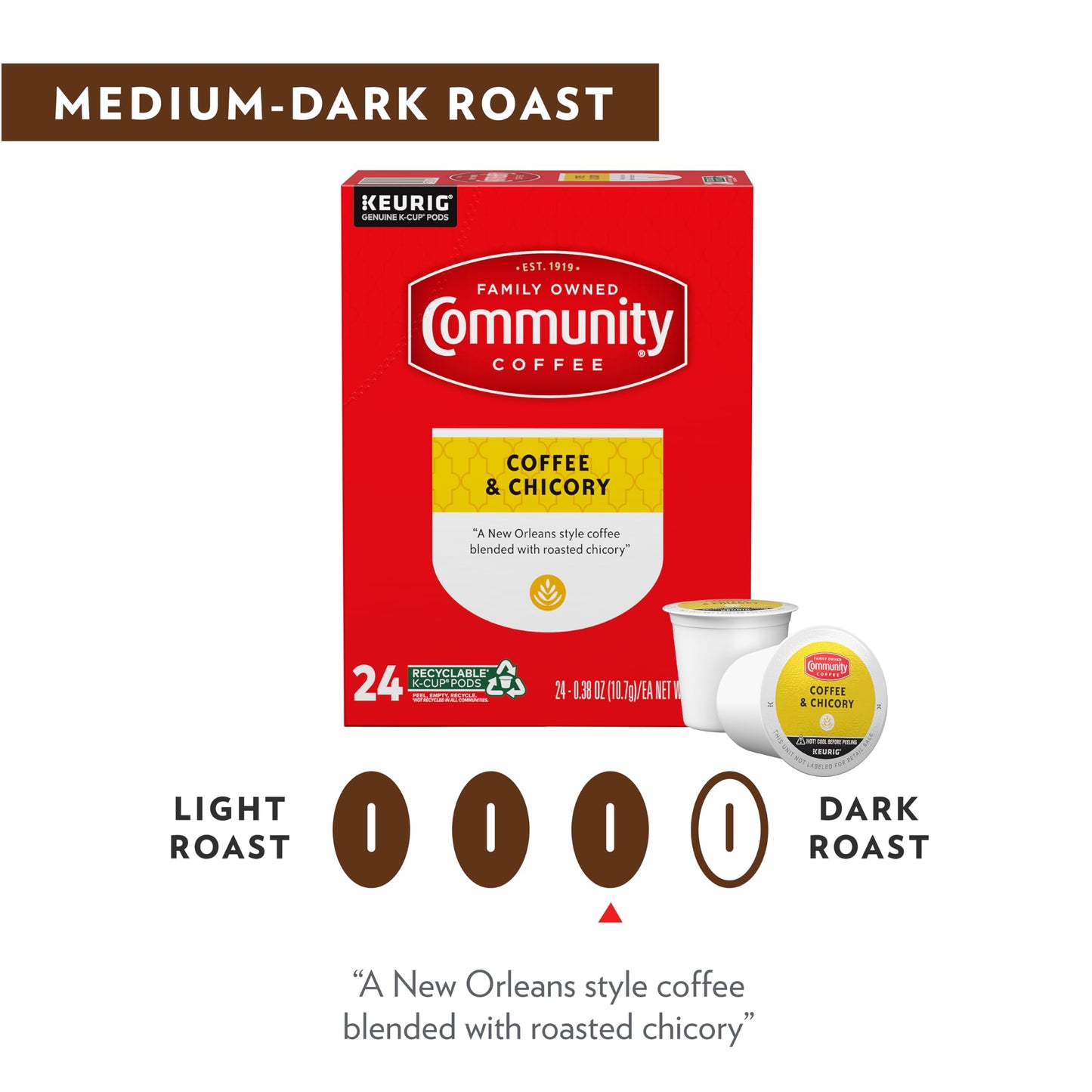 Community Coffee Coffee & Chicory Pods, Medium-Dark Roast, Compatible with Keurig 2.0, 96 Count (24 Count Pack of 4)