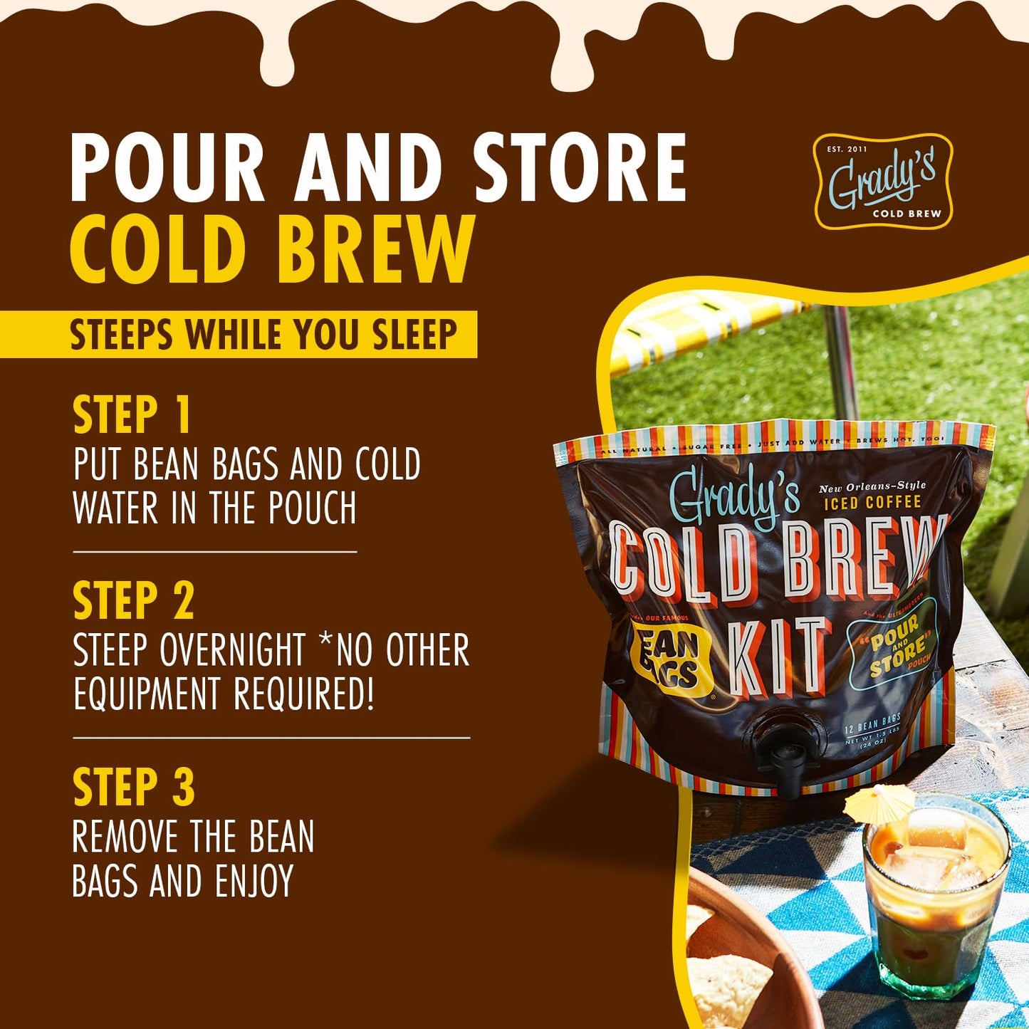 Gradys Cold Brew New Orleans Style Coffee & Chicory Pouches, All-in-One Kit, 24 Ounce, Makes 36 Drinks, Original