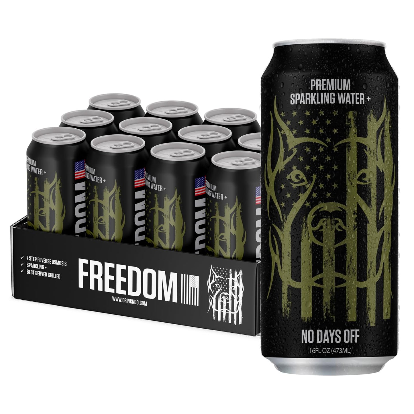 NDO H2O Premium Sparkling Water, Freedom Edition, 12 Pack, 16 oz Can, Ultra-Purified, BPA-free
