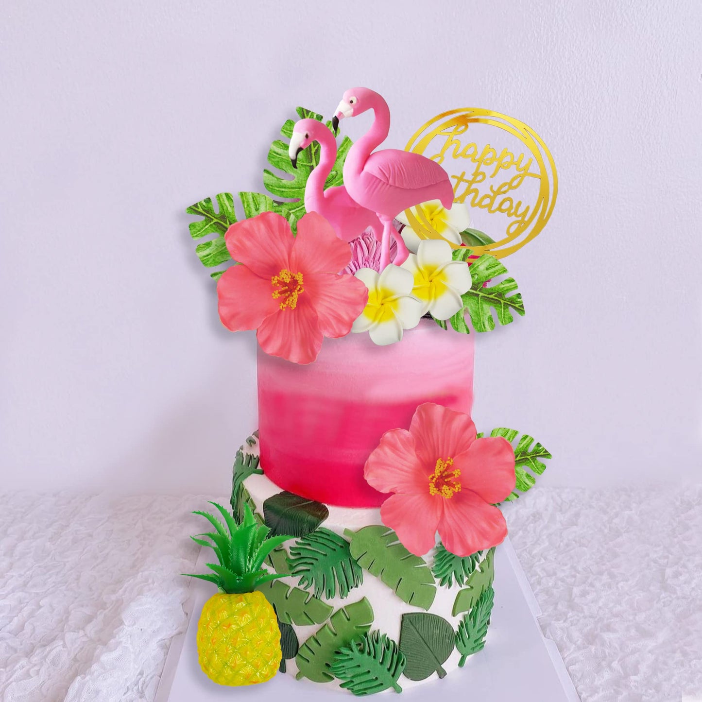 Flamingo Cake Toppers Summer Cake Decorations Pineapple And Hibiscus Flower Palm Leaf Cake Toppers For Tropical Hawaiian Beach L
