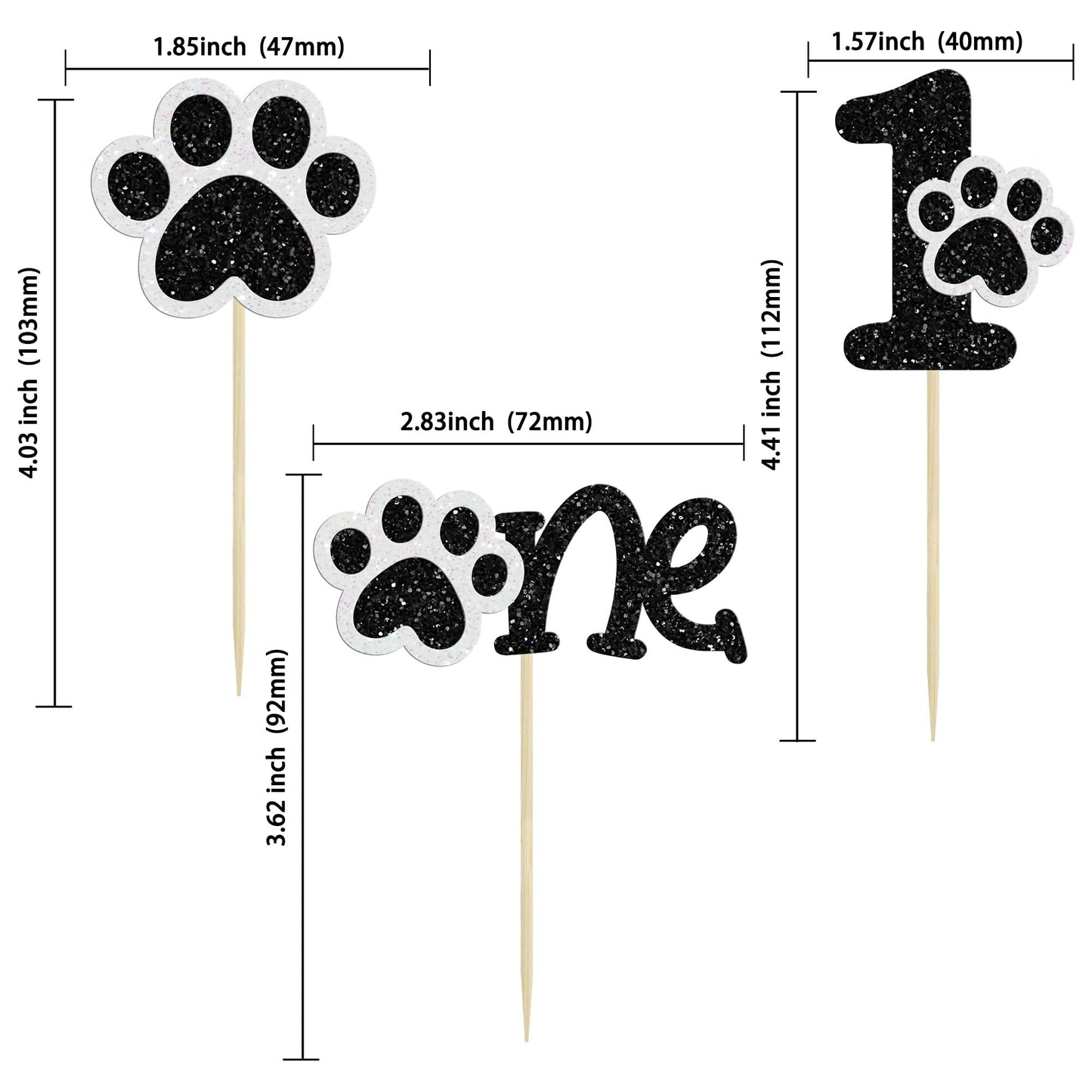 Gyufise Dog Paw Cupcake Toppers, 24 Pcs, Glitter, 2.4 inches, Black, First Birthday Party Decorations