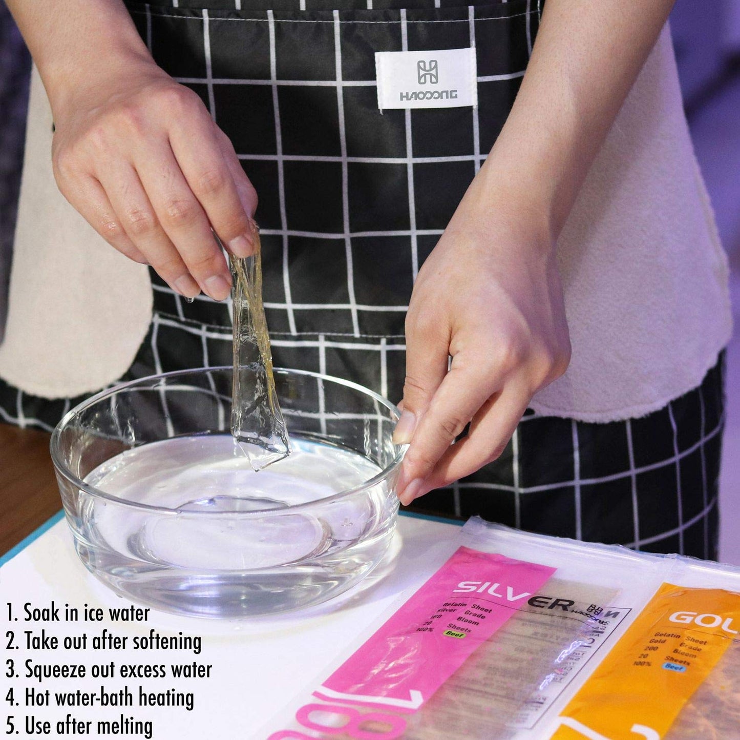 HAODONG Gold Gelatin Sheets - Beef Leaf Gelatin 200 Bloom (40g, 18-20Sheets) for Baking Desserts Mirror Glaze Mousse Cake