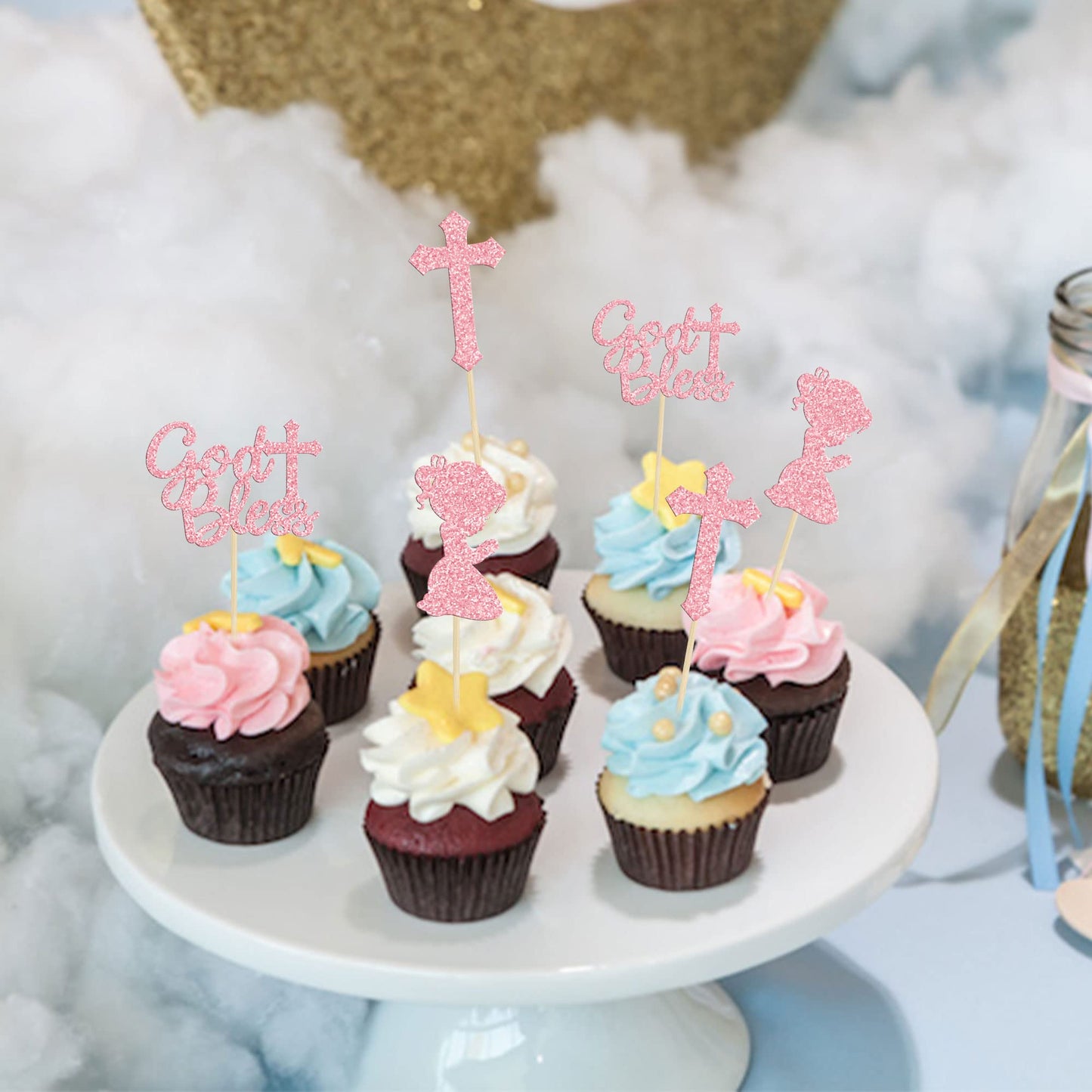 Gyufise 24Pcs Pink Glitter God Bless And Cross Cupcake Toppers Girl Babyshower Cake Topper Decorations For Babyshower Girl Bapti