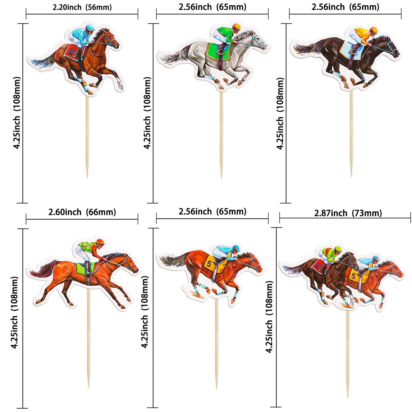 Ephlyn Horse Racing Cupcake Toppers, 36Pcs, Brown/White/Pink/Red, 2.4W x 3.9H, Kentucky Derby Party Supplies