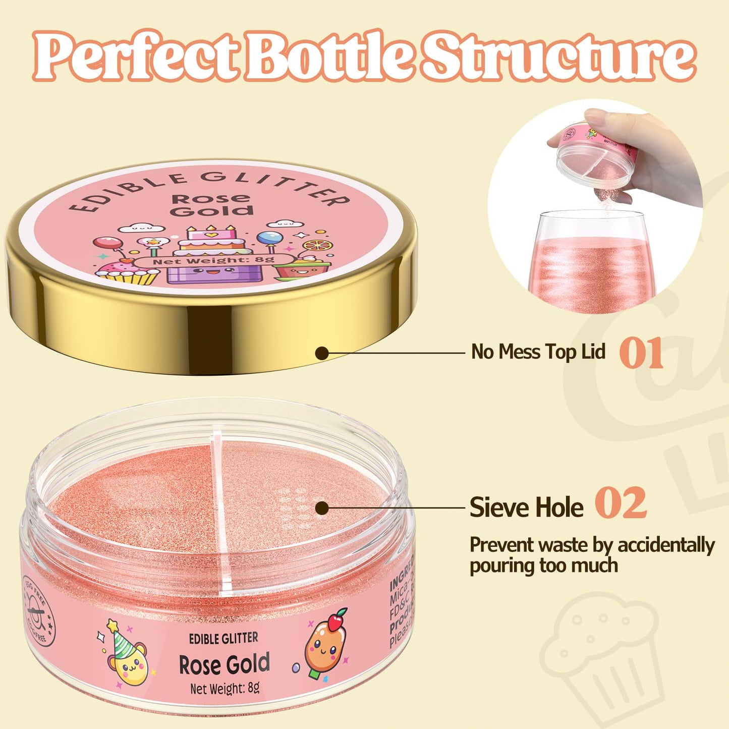 Nomeca Edible Glitter, Luster Dust Sprinkles for Cake Decorating, 8 grams, Small, 8-Rose Gold