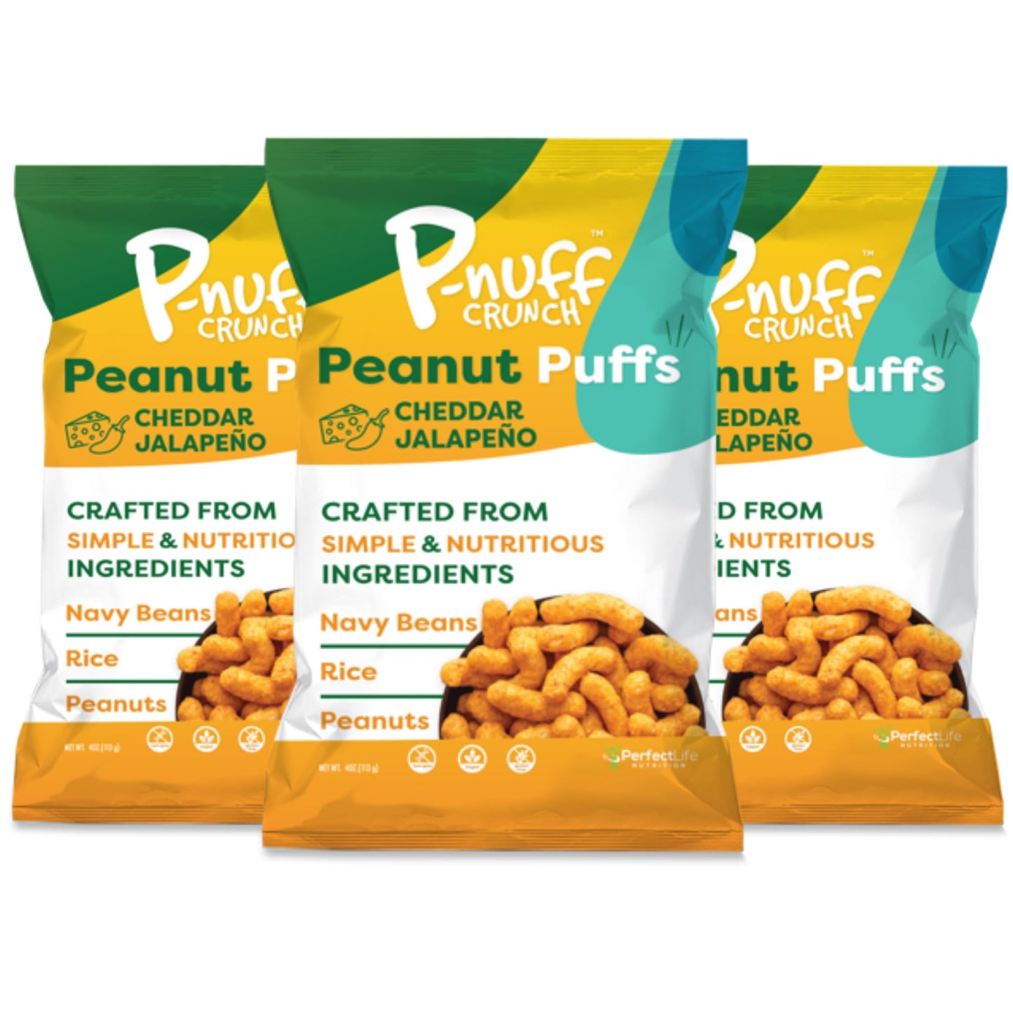 P-Nuff Peanut Butter Puffs - Healthy Vegan Snack, Low Calorie, High Protein, Cheddar Jalapeno, 4 Oz Bag (Pack of 3)