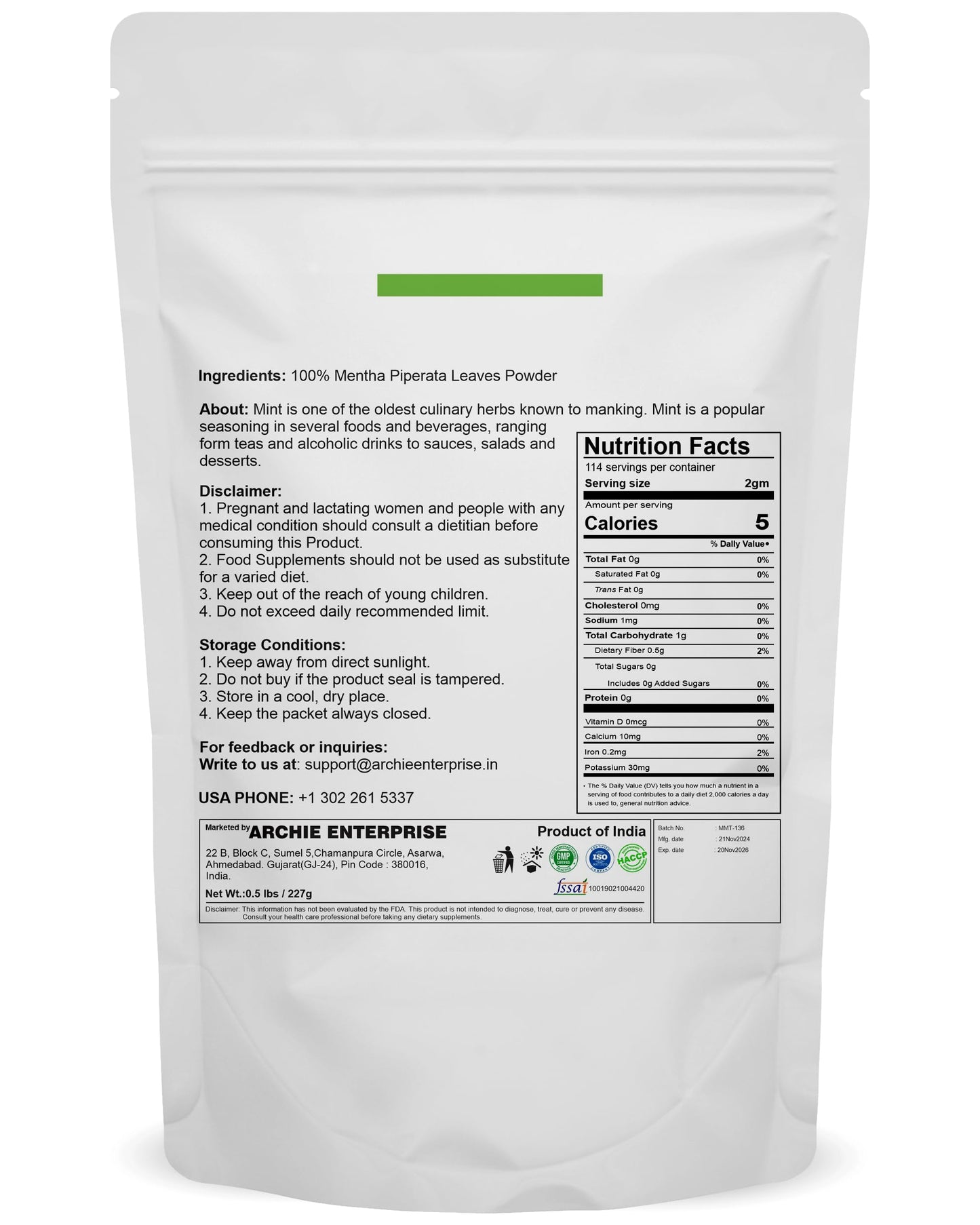 100% Natural Mint Leaves Powder for Skin and Health Care 227 GMS / 0.5 LBS