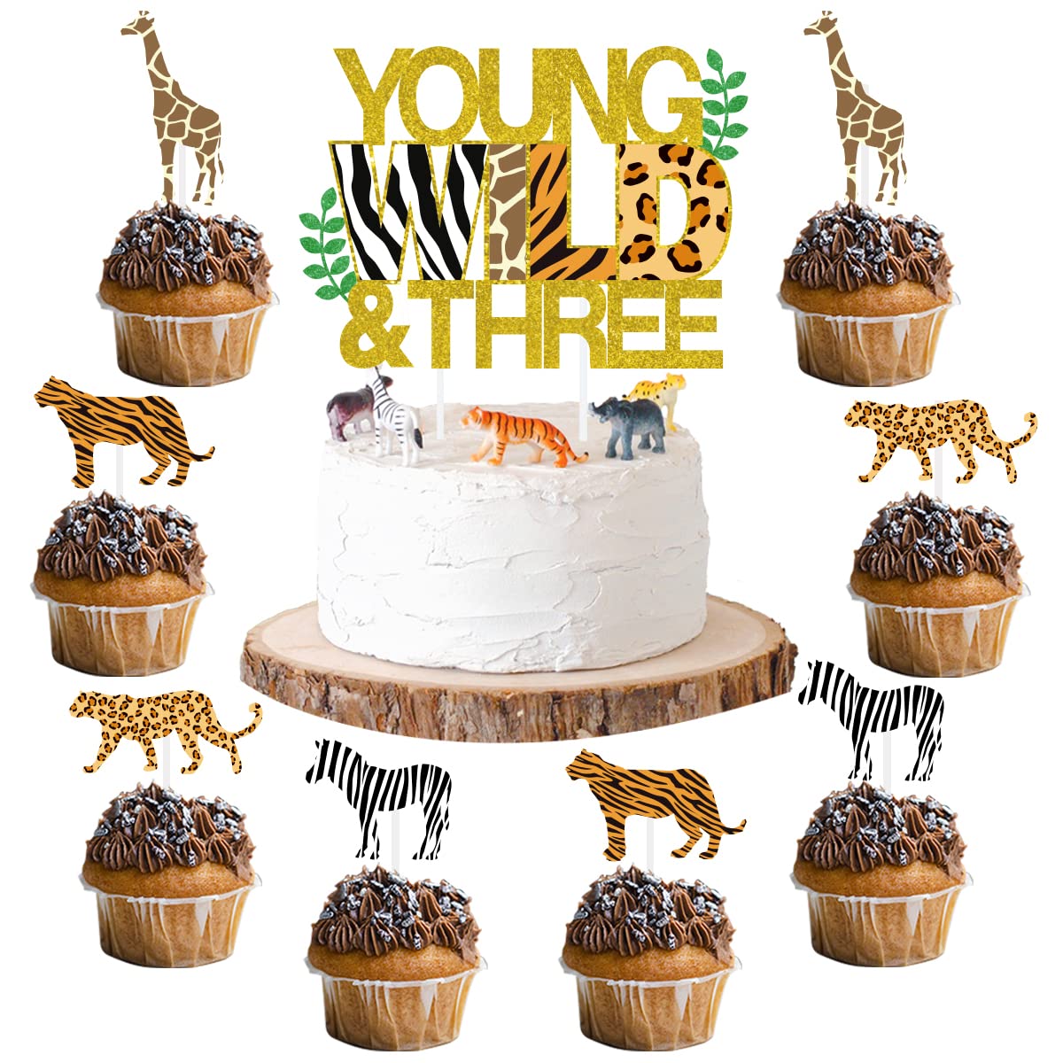 Sursurprise Cake Topper Set, Jungle Animals, Happy 3rd Birthday Decor, 25 Pack, Paper, Model DPA-0830, Color 3rd