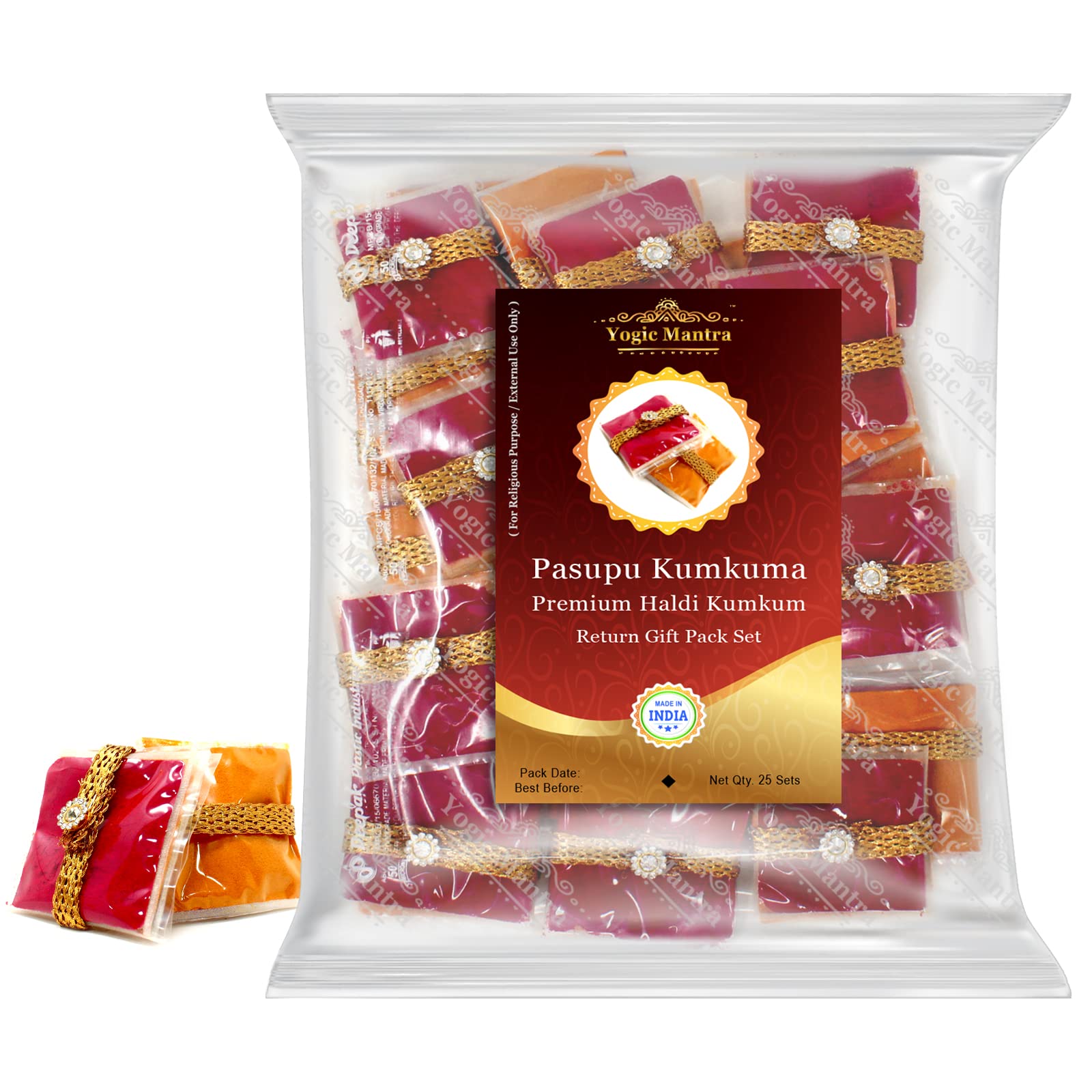 Yogic Mantra Pasupu Kumkuma Return Gift Packets | Set of 25 Haldi Kumkum Mini Packs | Premium Kumkum and Turmeric Powder Combo |