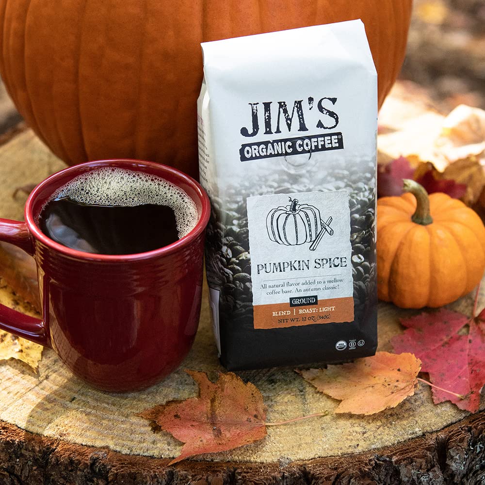 Jims Organic Coffee Pumpkin Spice Light Roast Ground Coffee 12 oz Bag Brown