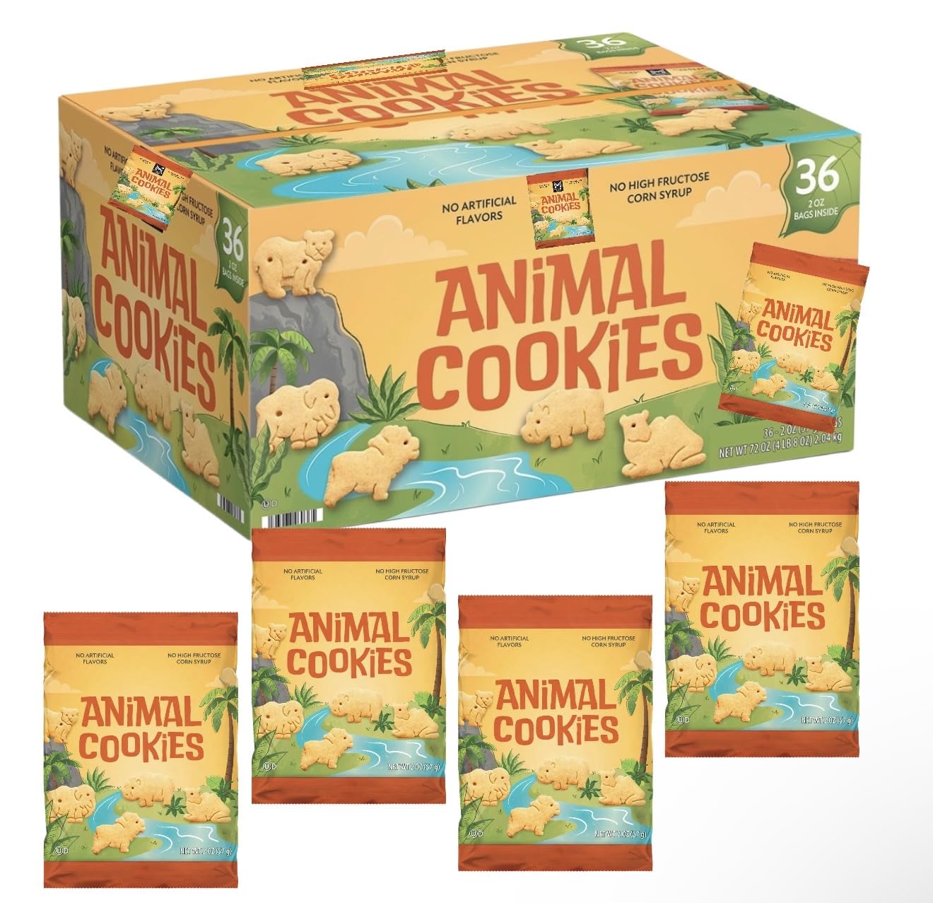 Animal Cookies,(36 Count) 2 oz Snack Packs - Crunchy Bite-Sized Cookies, No Artificial Flavors, No High Fructose Corn Syrup, Per