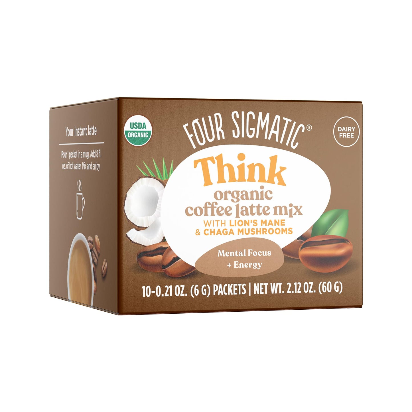 Mushroom Coffee Latte By Four Sigmatic | Daily Dose Alternative | Organic Instant Coffee Latte Mix With Lion'S Mane, Chaga Mushr