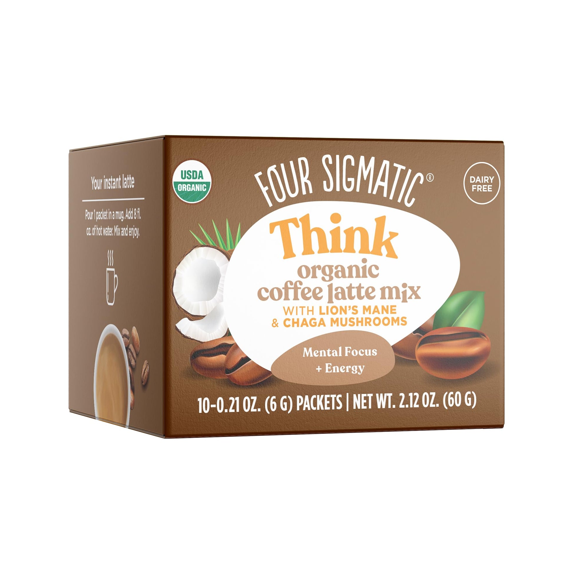 Mushroom Coffee Latte By Four Sigmatic | Daily Dose Alternative | Organic Instant Coffee Latte Mix With Lion'S Mane, Chaga Mushr