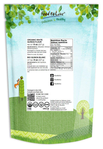 Food To Live Organic White Quinoa Flour, 8 Ounces - Non-Gmo, Fine Ground Whole Grains, Vegan Meal, Kosher, Bulk Powder. Good Sou