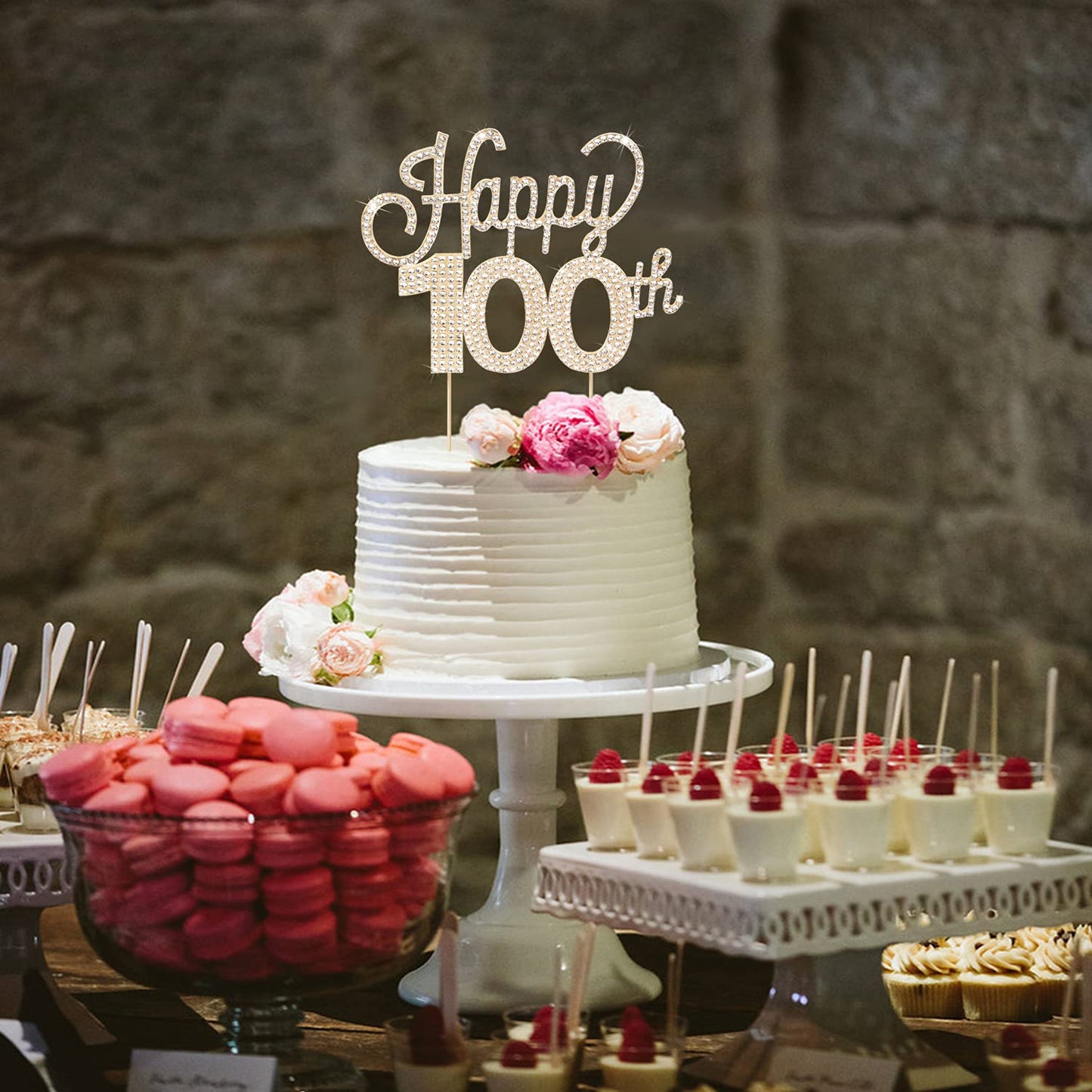 Lingteer Happy 100Th Birthday Gold Rhinestone Cake Topper - Cheers To 100Th Birthday 100 Years Old Anniversary Party Cake Center