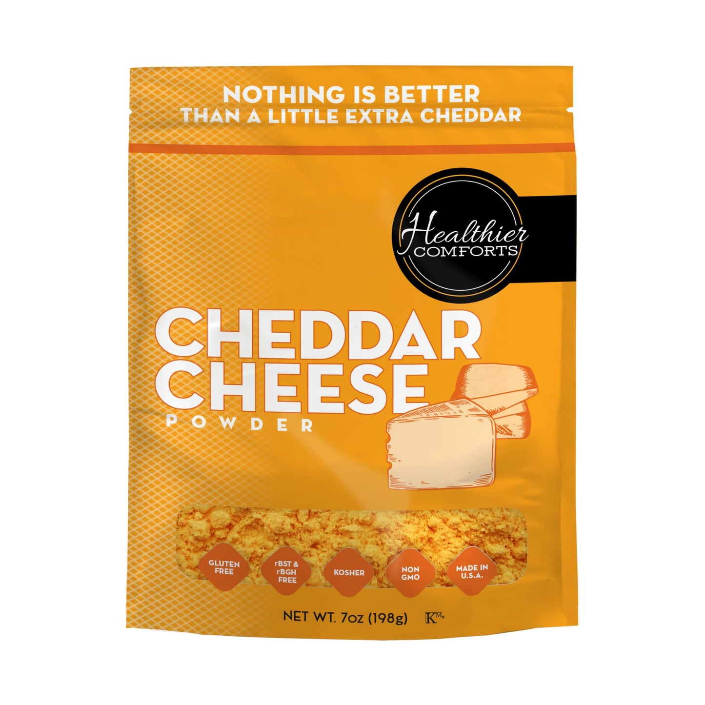 Healthier Comforts Cheddar Cheese Powder (7 oz) | Premium Yellow Cheddar | Batch Tested Gluten Free, Kosher, No Artificial Dyes 