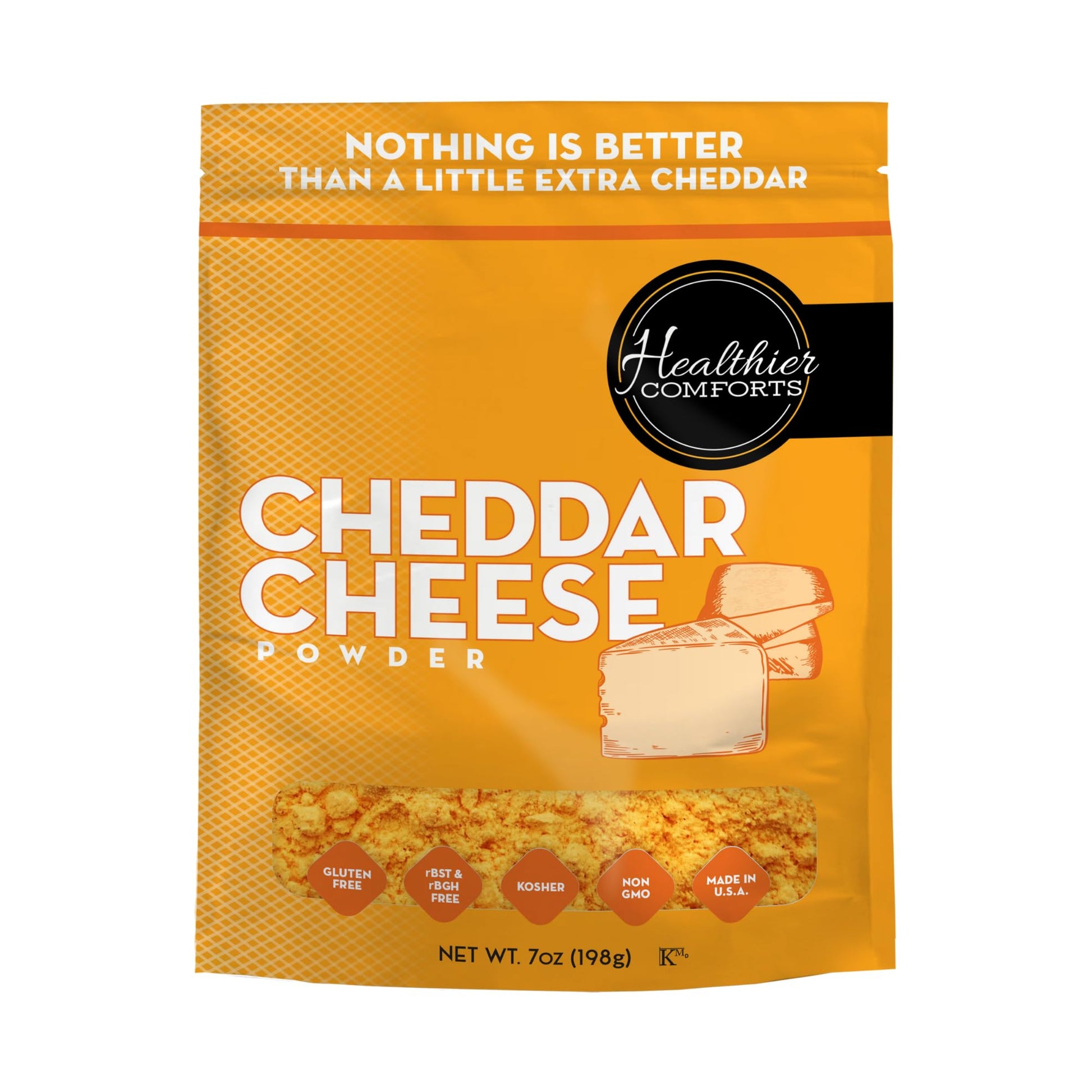 Healthier Comforts Cheddar Cheese Powder (7 oz) | Premium Yellow Cheddar | Batch Tested Gluten Free, Kosher, No Artificial Dyes 
