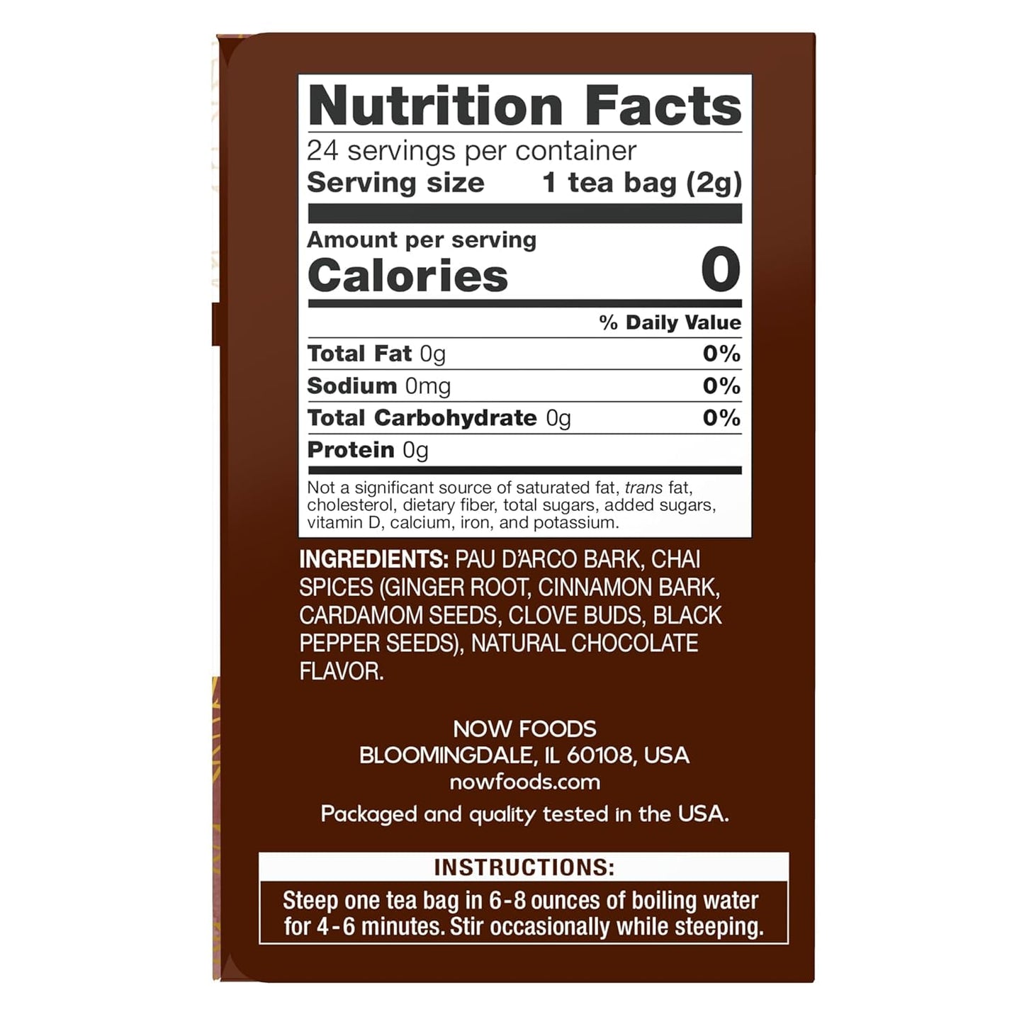 NOW Foods Real Tea Pau DArco Tea Bags, 24 Count, Brew: Brown, Model: 4233