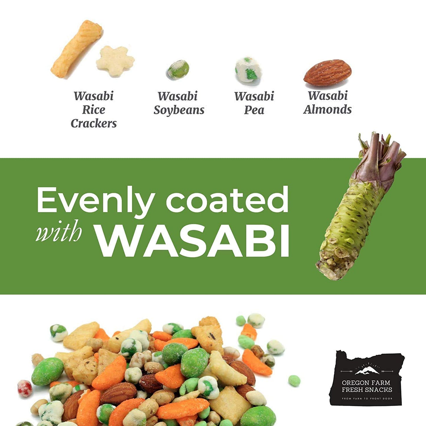 OREGON FARM FRESH SNACKS Wasabi Peas & Rice  ers Mix - 14 oz - Asian Snacks with Almonds, Peanuts & Soybeans