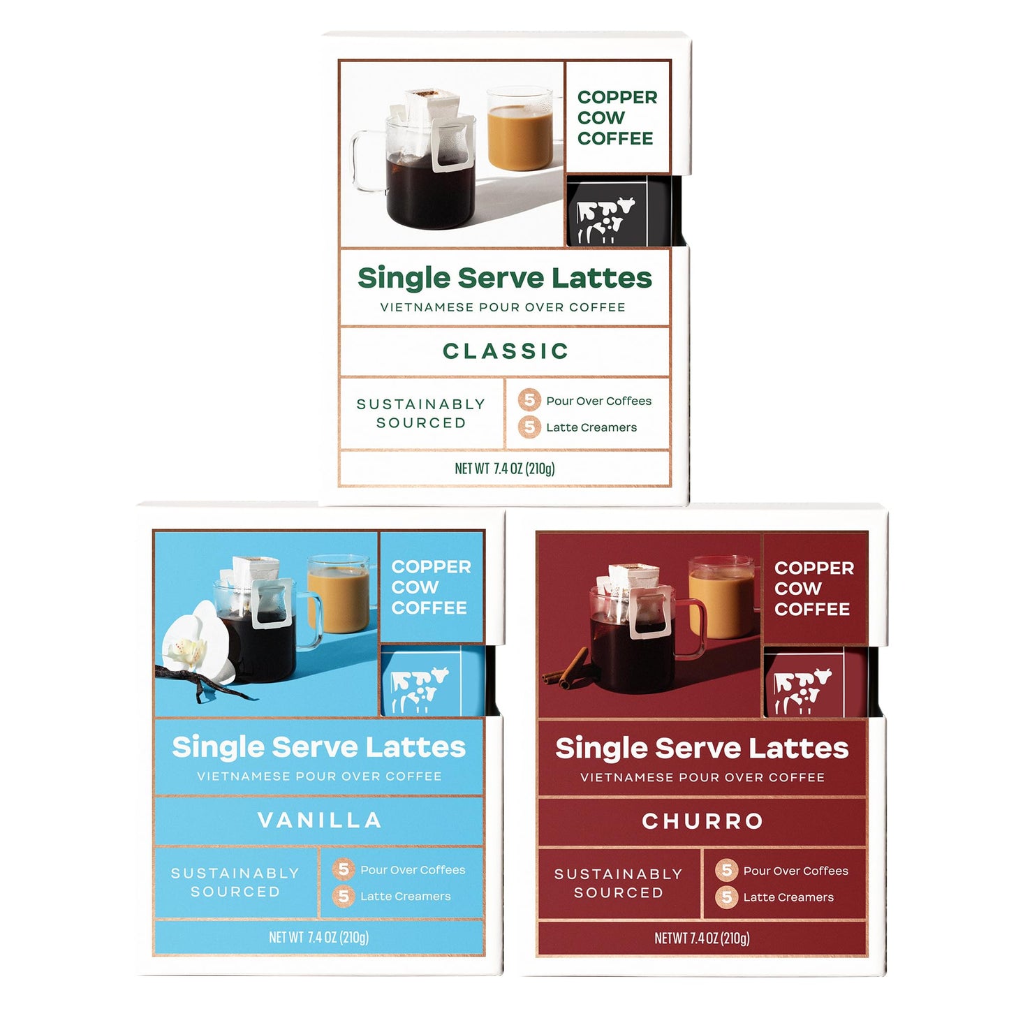 Copper Cow Coffee Vietnamese Pour Over Coffee with Sweetened Condensed Milk Creamer, 15 Pack, All-Natural, Classic, Vanilla, Churro Latte Flavors