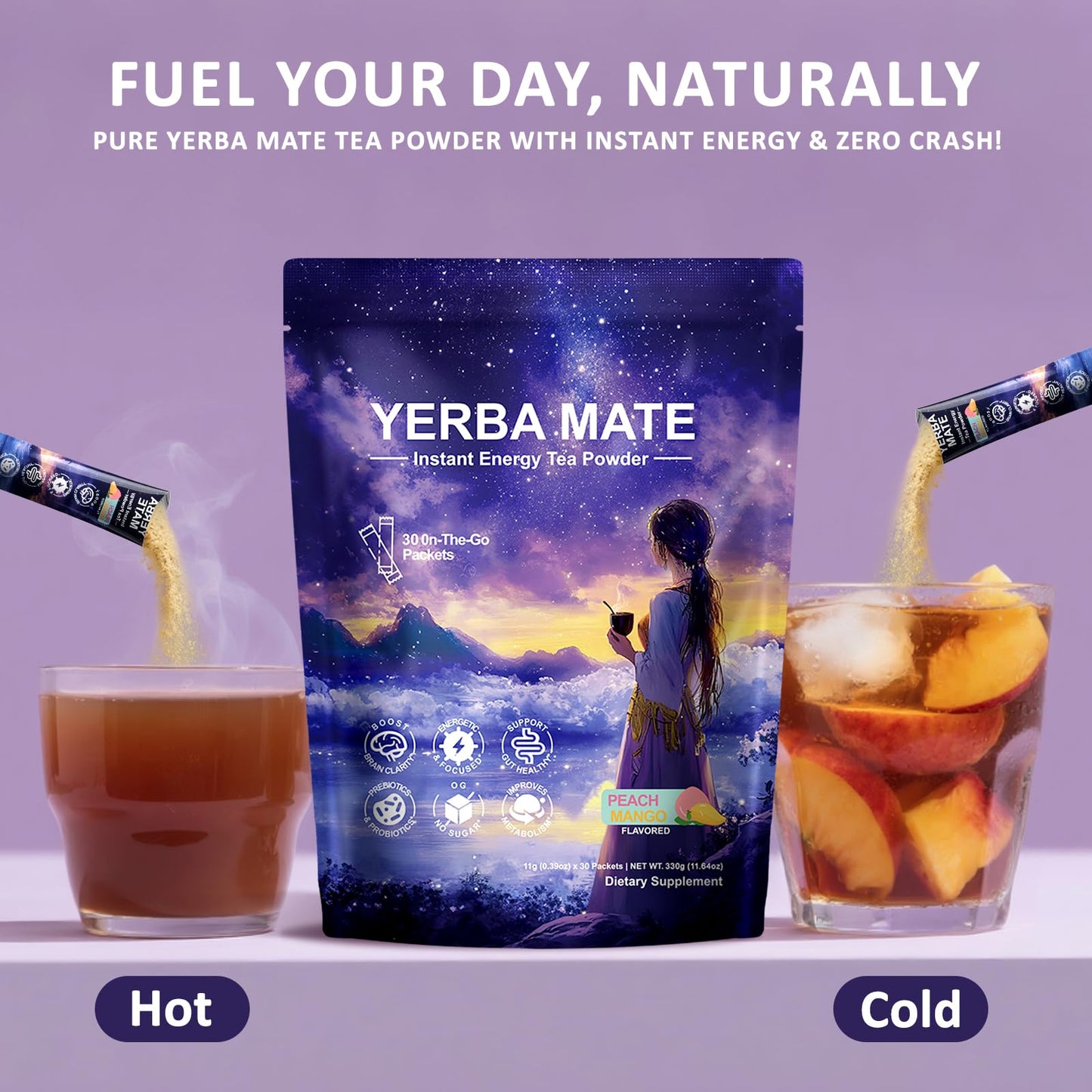 Yerba Mate Peach Mango Drink Mix - Instant Tea Powder With Natural Caffeine & Probiotics For Gut Health, Focus, Cortisol Levels, Immunity, 30 Servings Clean Energy Drink Powdered, No Crash, Sugar-Free