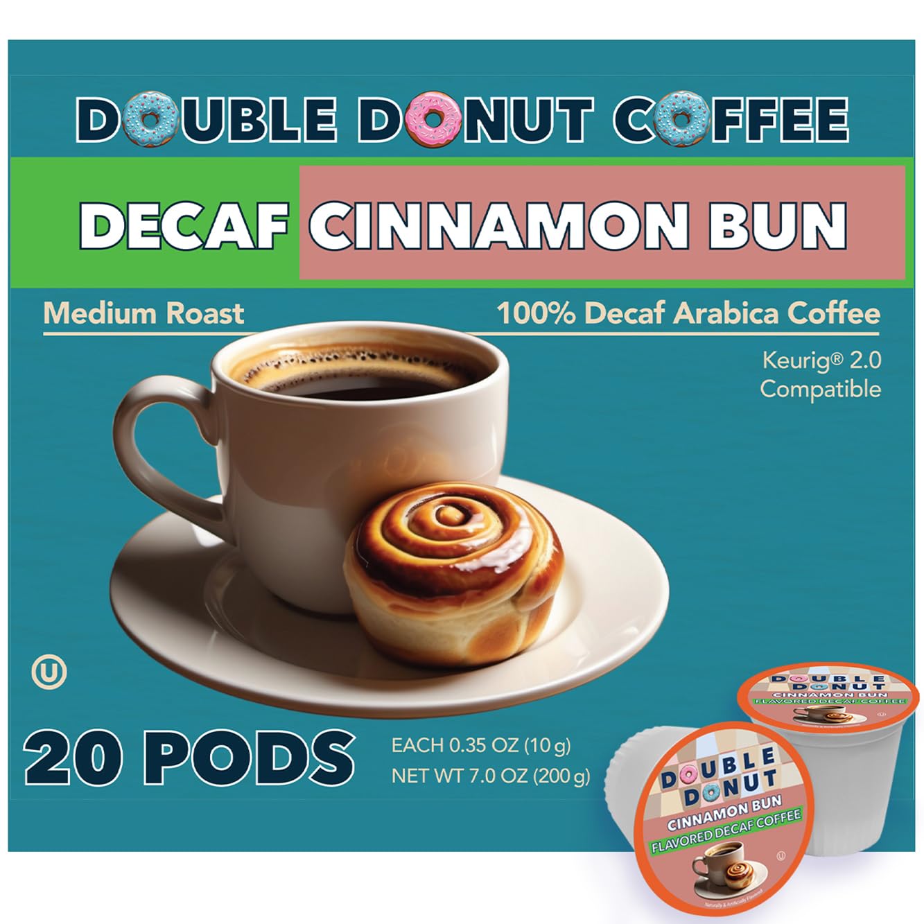 Double Donut Coffee Decaf Cinnamon Bun Coffee Pods, Medium Roast, Compatible with Keurig, 20 Count