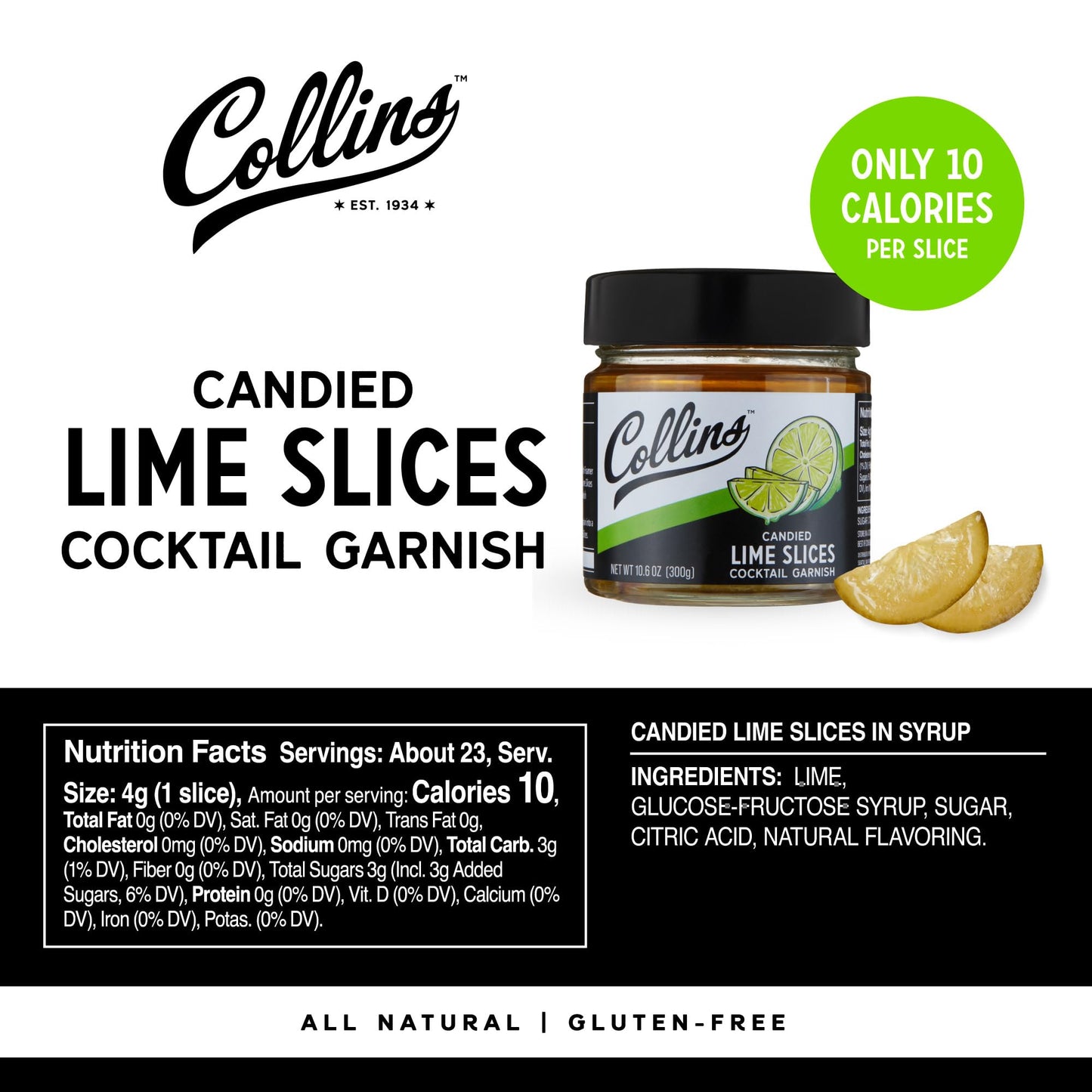 Collins Candied Lime Slices in Syrup, 10.6oz, Green, Set of 1, Bartender Accessories