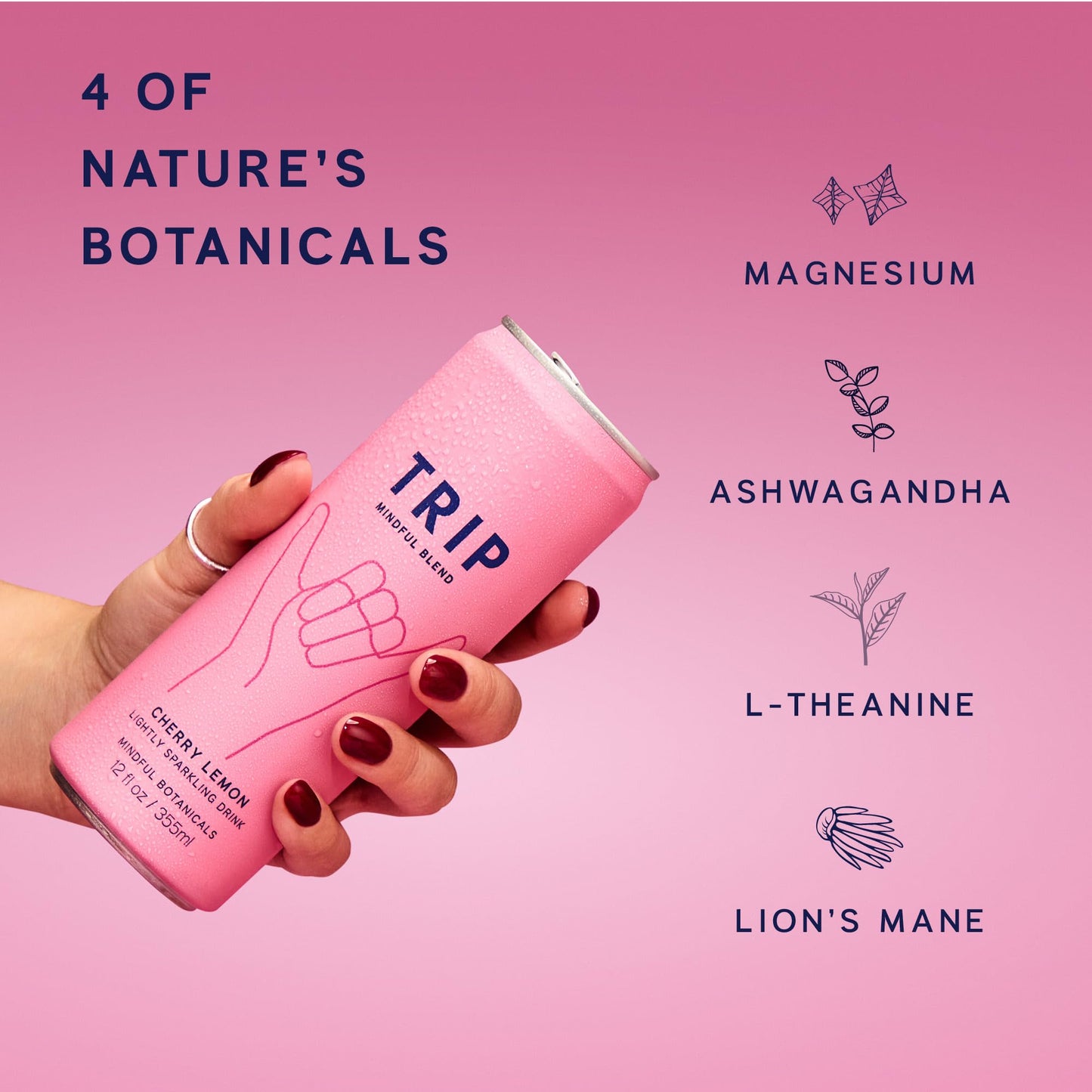 Trip Mindful Blend  Lightly Sparkling Adaptogen Seltzer  Mocktail w/ 120mg Magnesium Citrate with Ashwagandha  Lions Mane & L Theanine  No Added Sugar  Vegan  Cherry Lemon  12 Oz  12Pk