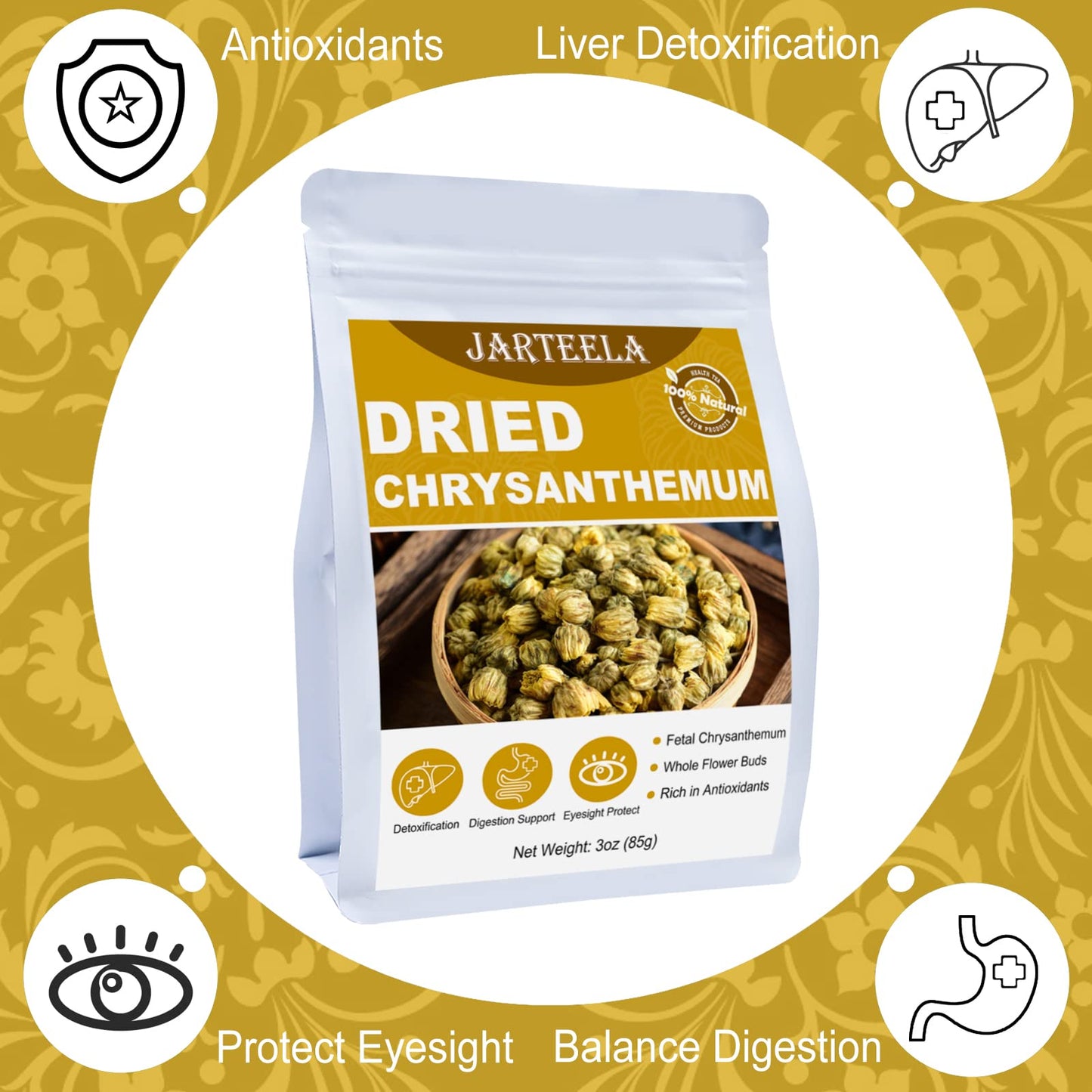Jarteela Premium Dried Chrysanthemum Flower Loose Leaf Tea - 3oz - Non-GMO, Caffeine-free, Chinese Natural Tea
