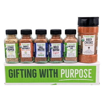 FreshJax Organic Spices | BBQ & Grill Lovers Gift Set | Includes 6 Seasoning Blends | 1 Large and 5 Sampler Size | Plant-Based, 
