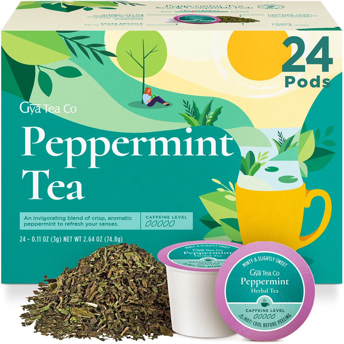 Gya Tea Co Peppermint Herbal Tea Pods - Decaf Wellness Tea, 24 Count, Comfort & Relaxing