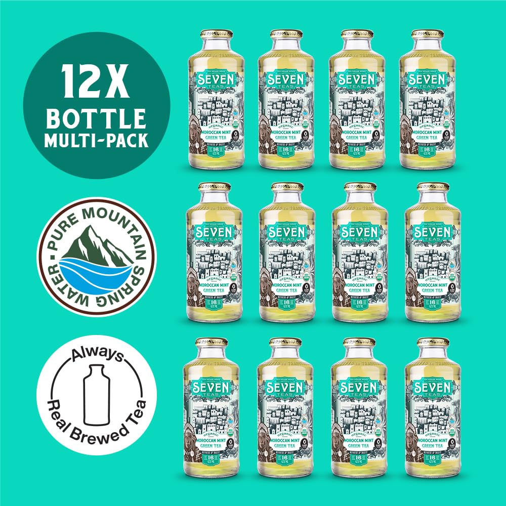 SevenTeas Organic Moroccan Mint Green Tea, Sugar Free, 16 Fl Oz Bottles, Pack of 12