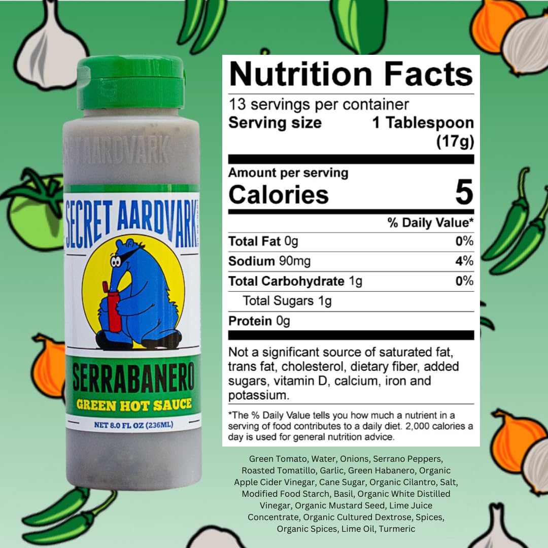Secret Aardvark Serrabanero Hot Sauce - Non-GMO, Low Carb, Green Spicy Sauce - 8 fl oz - Plastic Bottle