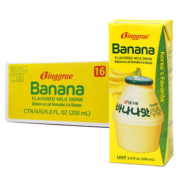 Binggrae Banana Flavored Milk Drink - Korean Sweet and Creamy Beverage - Shelf-Stable 6.8 fl oz Cartons - Pack of 24