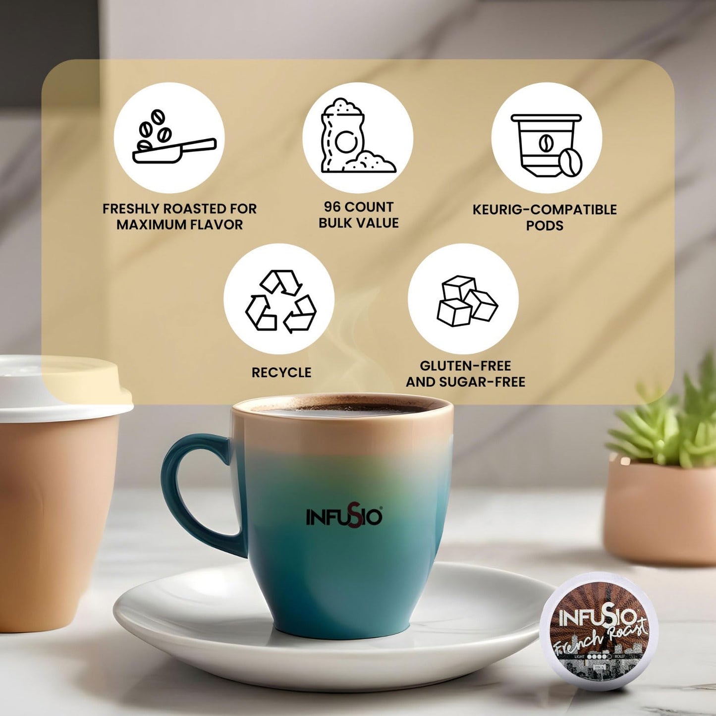 InfuSio French Roast Coffee Pods for Keurig K Cup® malt-inspired - 96 Count, Single Serve