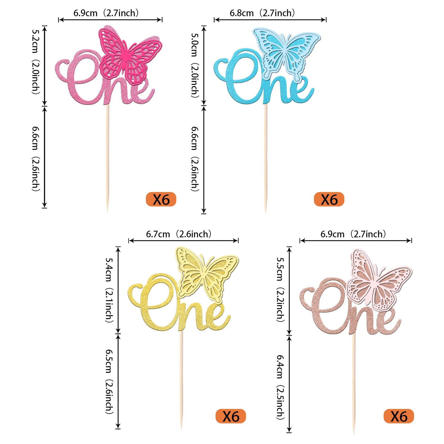 Rssta i Butterfly Cupcake Toppers, 24 Pack, Glitter, First Birthday, Multi Colors, Paper, Model XM011-multi