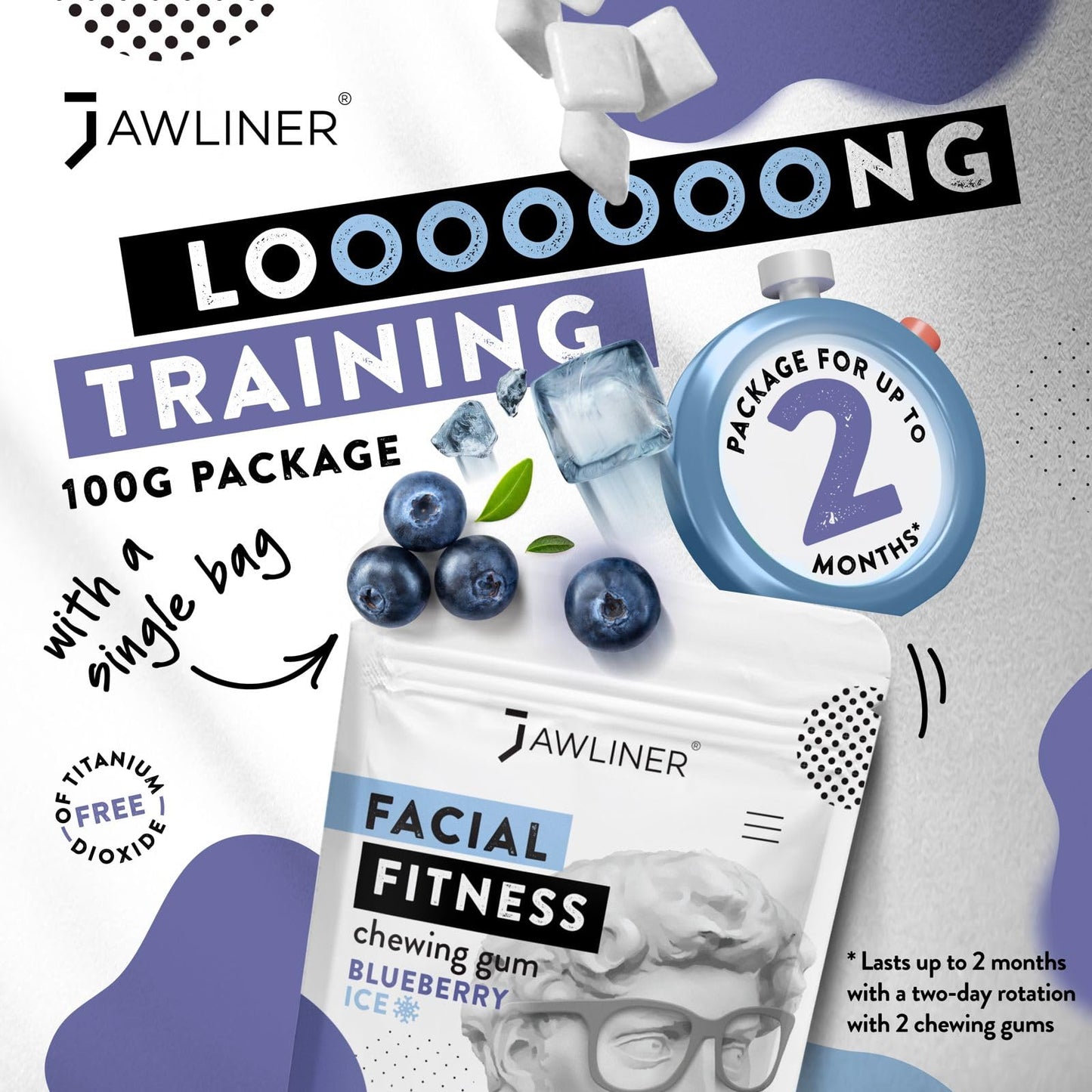 Jawliner Fitness Chewing Gum (2 Months Pack) Jawline Gum- Sugar Free Blueberry Gum- Jawline Exerciser For Mewing And Shapen The