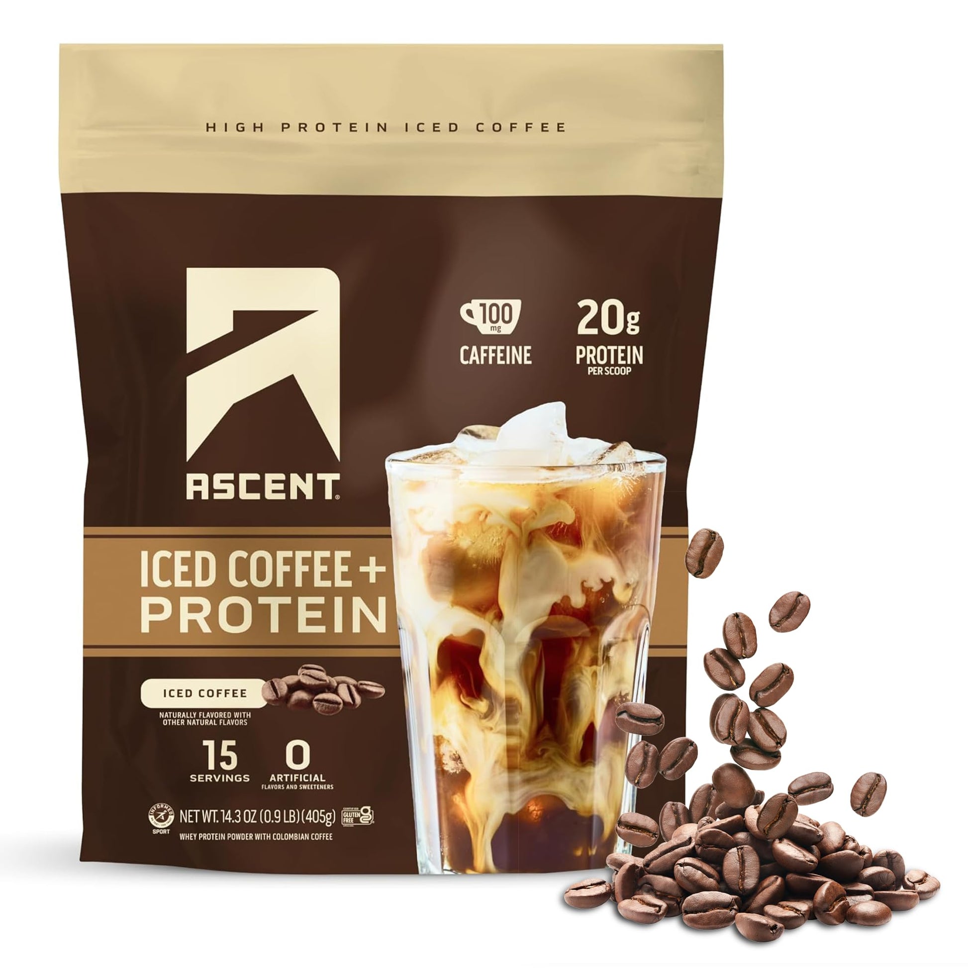 Ascent Iced Coffee Protein Powder - 20g Protein, 100mg Caffeine, 14.3 oz, Zero Artificial Flavors & Sweeteners