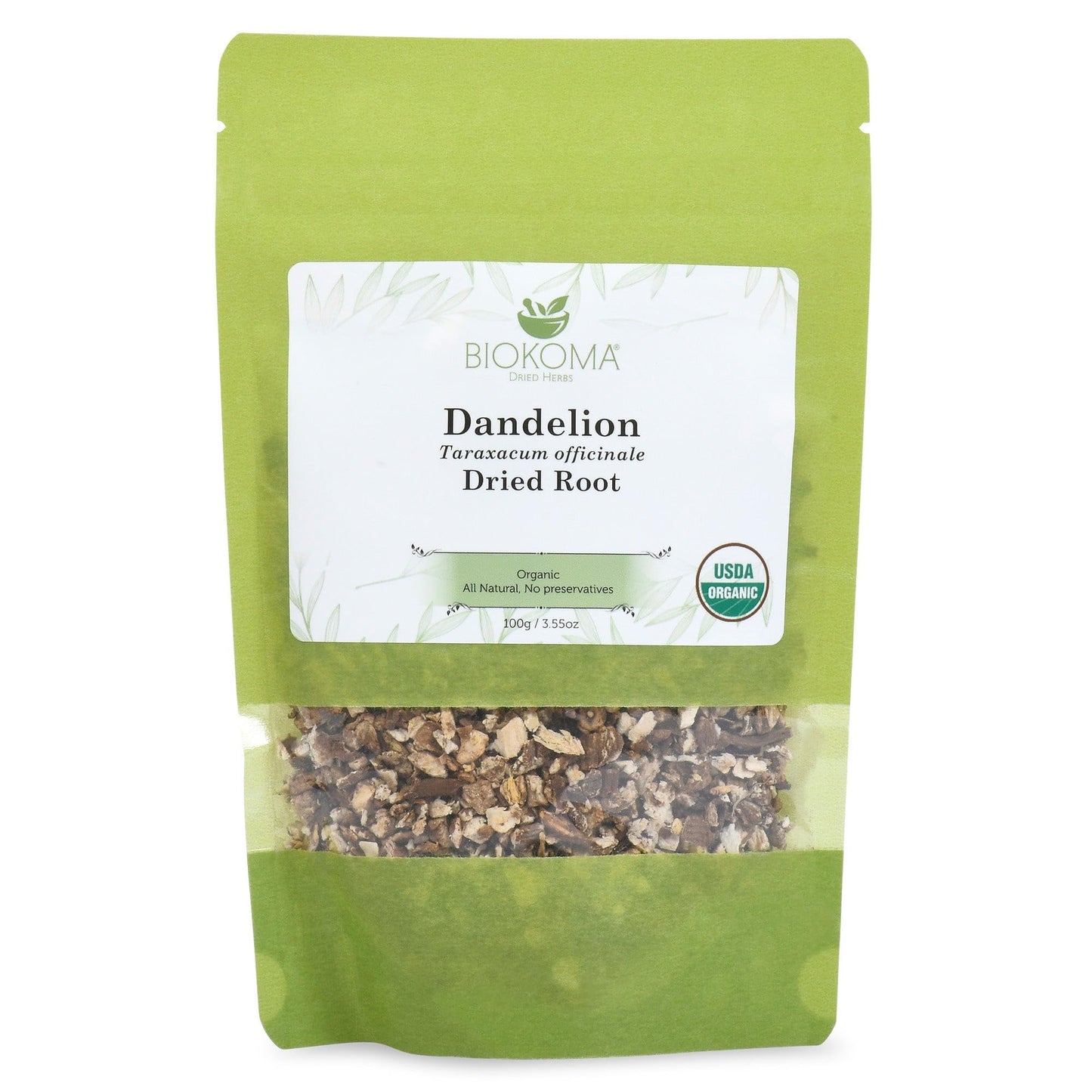 Biokoma Pure and Organic Dandelion Root Tea 100g (3.55oz) in Resealable Moisture Proof Pouch, USDA Certified Organic - Herbal Te
